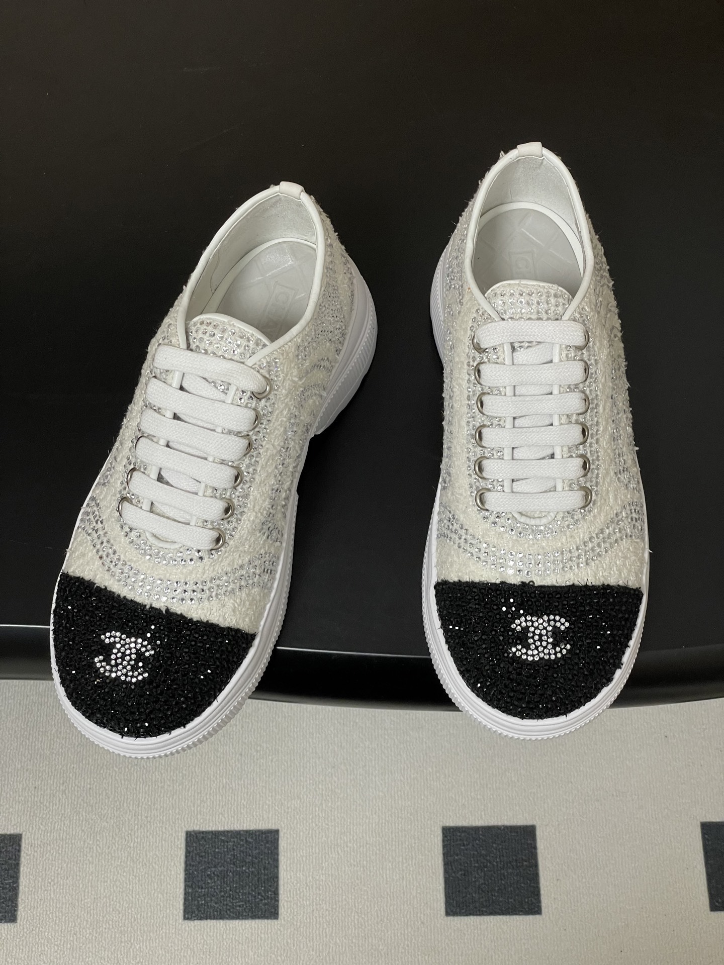 Luxury Rhinestone Tweed Platform Sneakers - Elegant White & Black