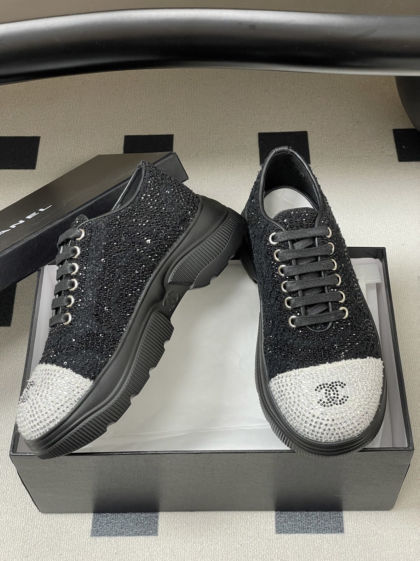 Women's Luxury Crystal-Embellished Platform Sneakers - Black/Silver