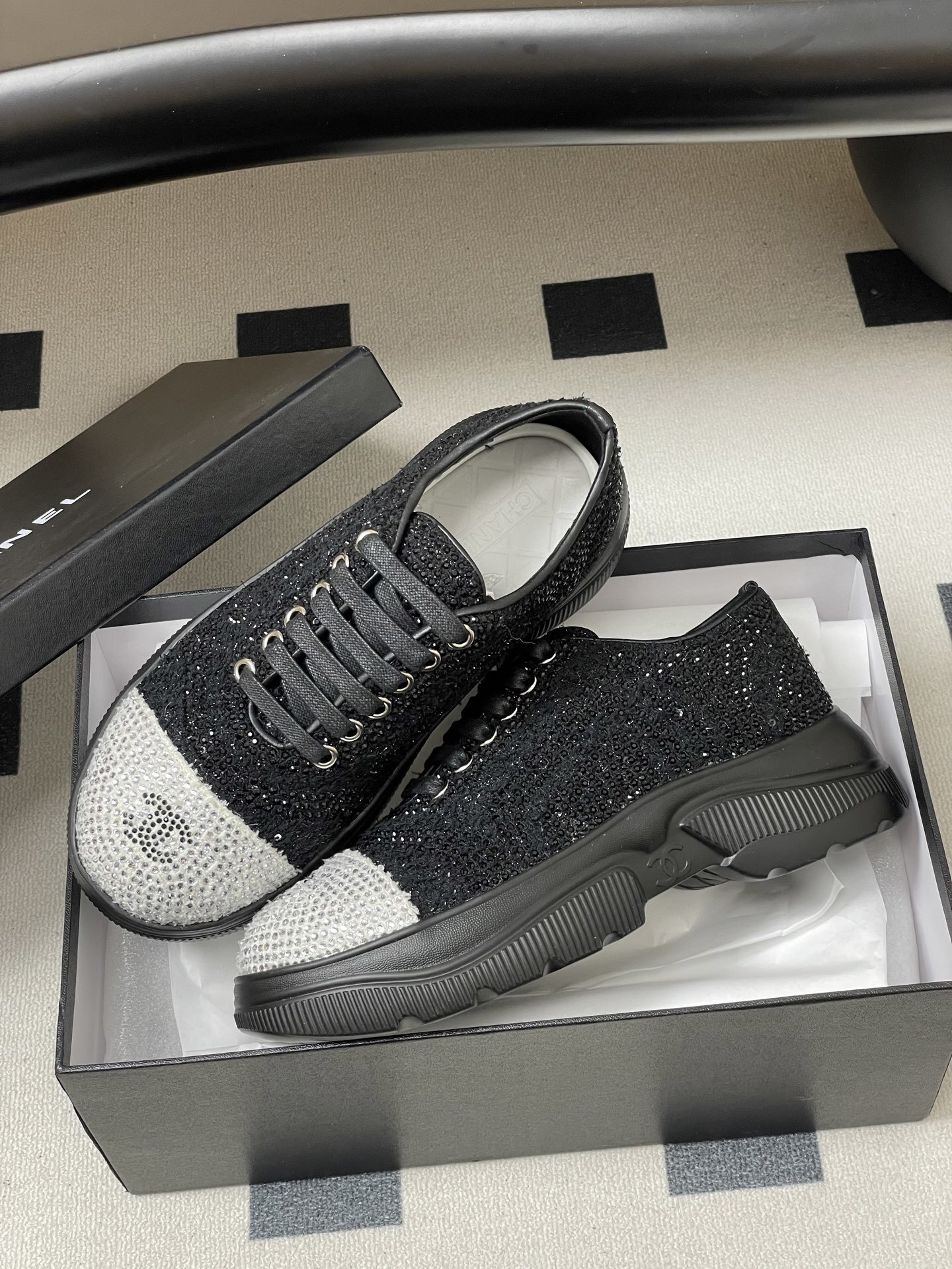 Women's Luxury Crystal-Embellished Platform Sneakers - Black/Silver