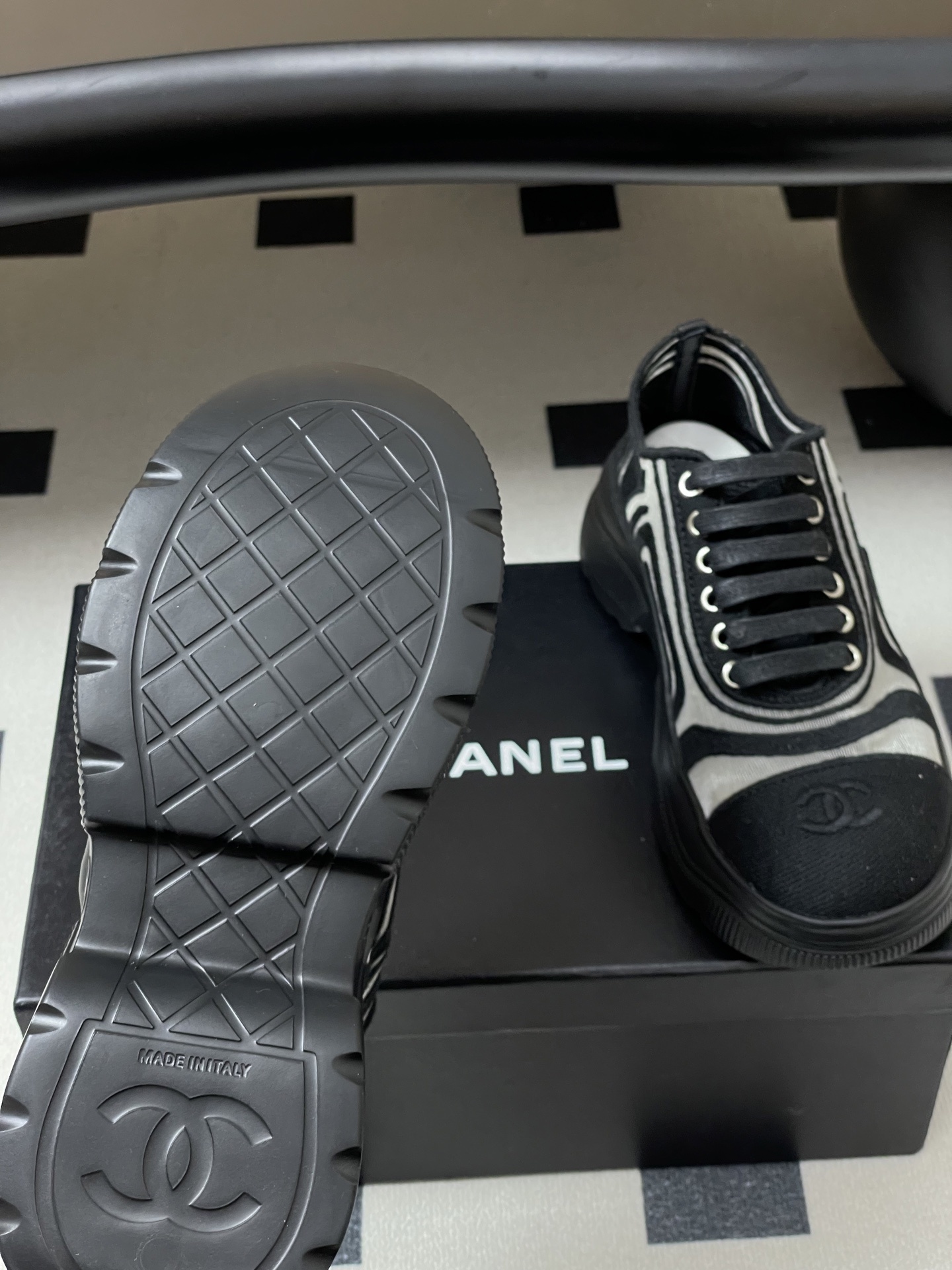 Chanel CC Logo Mesh Chunky Platform Sneakers - Black/Grey