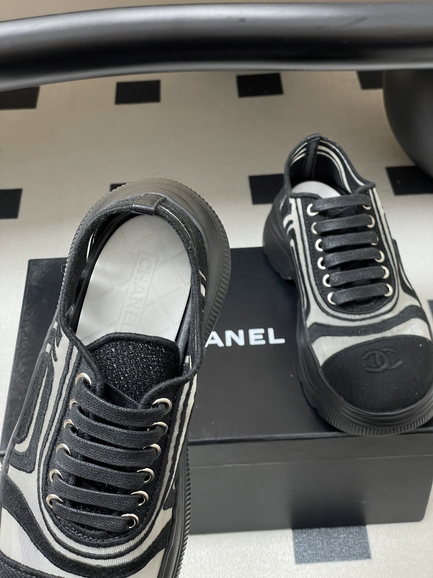 Chanel CC Logo Mesh Chunky Platform Sneakers - Black/Grey