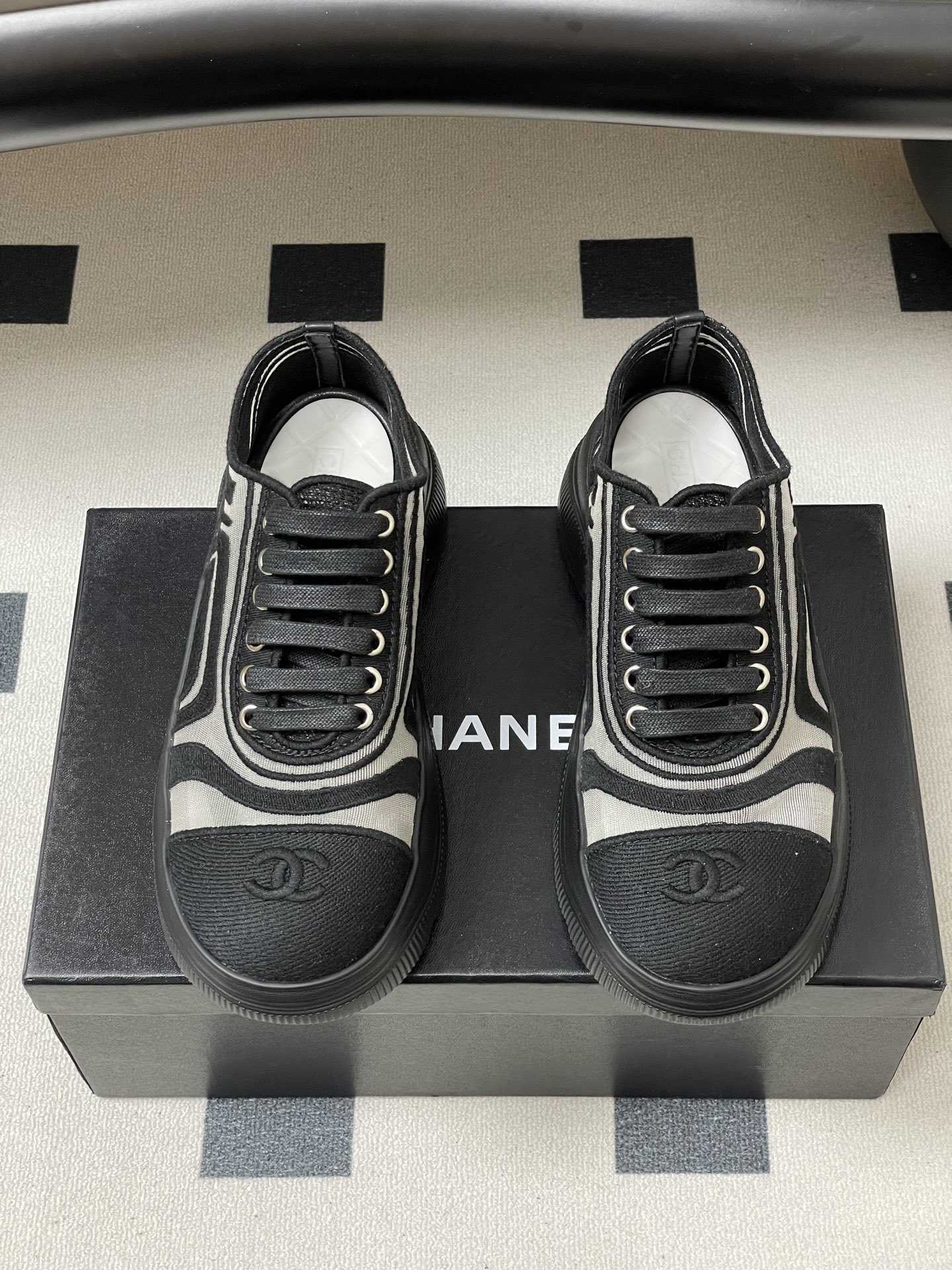 Chanel CC Logo Mesh Chunky Platform Sneakers - Black/Grey