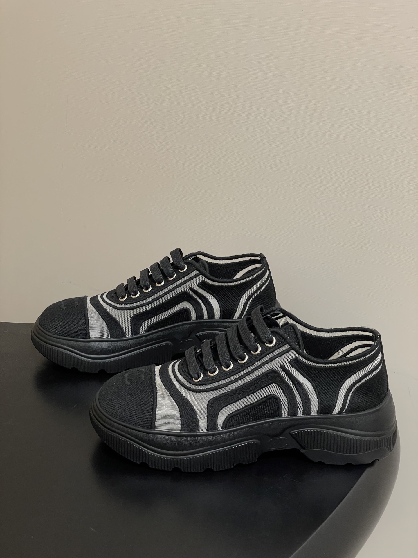 Chanel CC Logo Mesh Chunky Platform Sneakers - Black/Grey