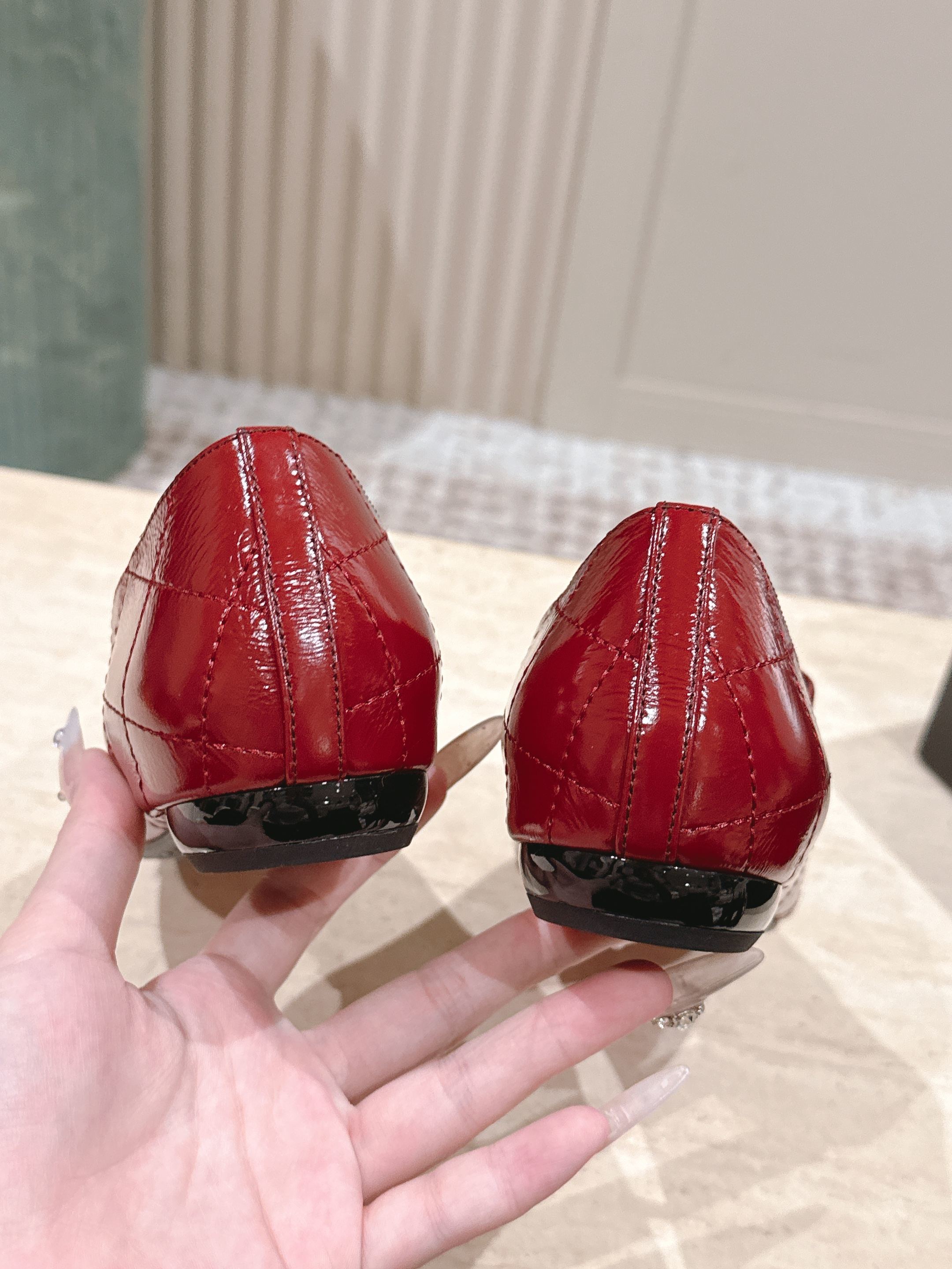 Luxury Red Quilted Patent Leather Flats with CC Logo Toe