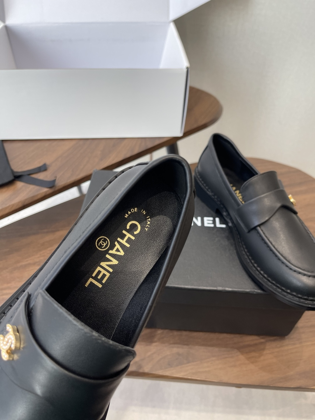Luxury Black Leather Loafers with Gold CC Logo Hardware