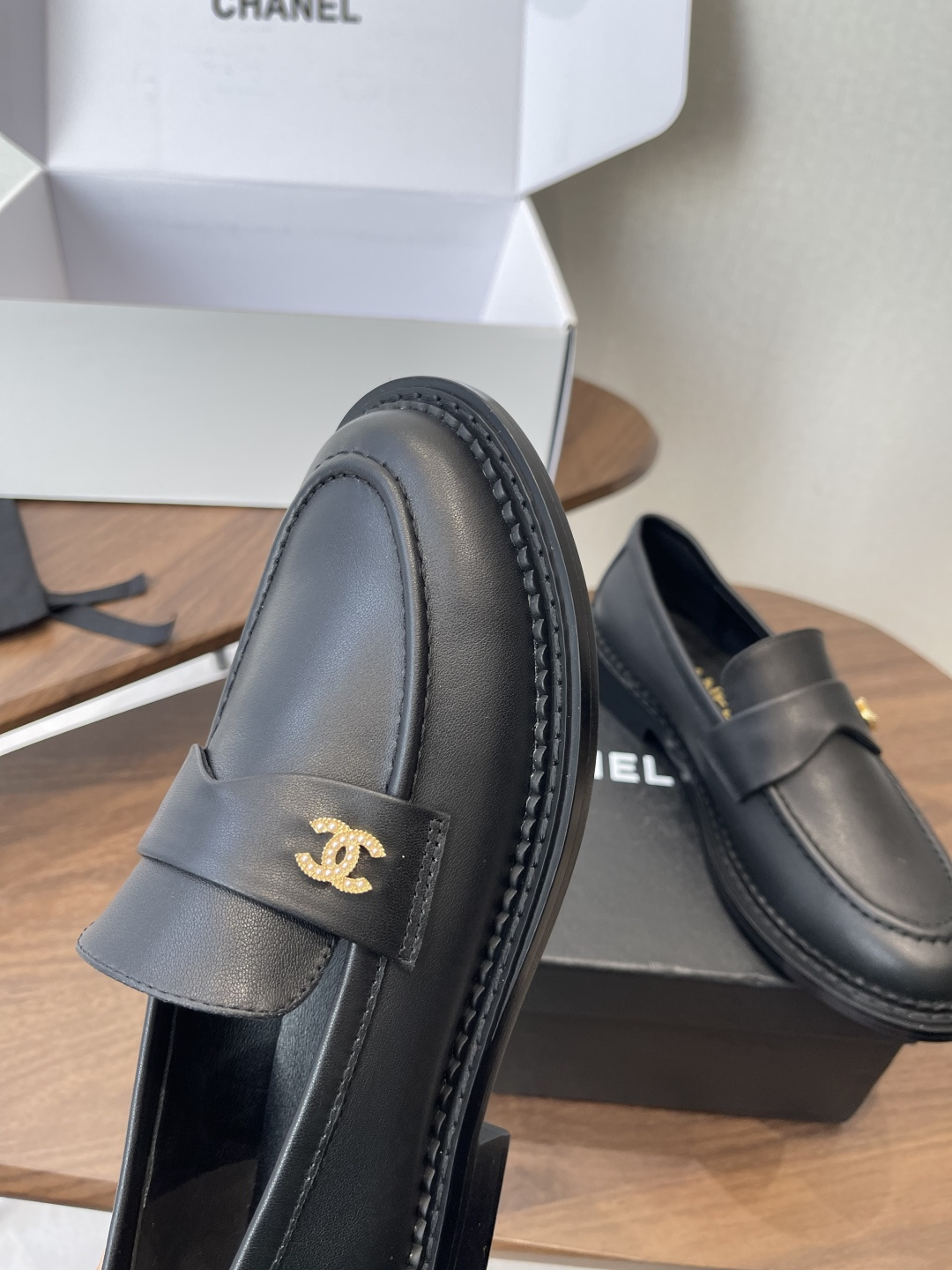Luxury Black Leather Loafers with Gold CC Logo Hardware