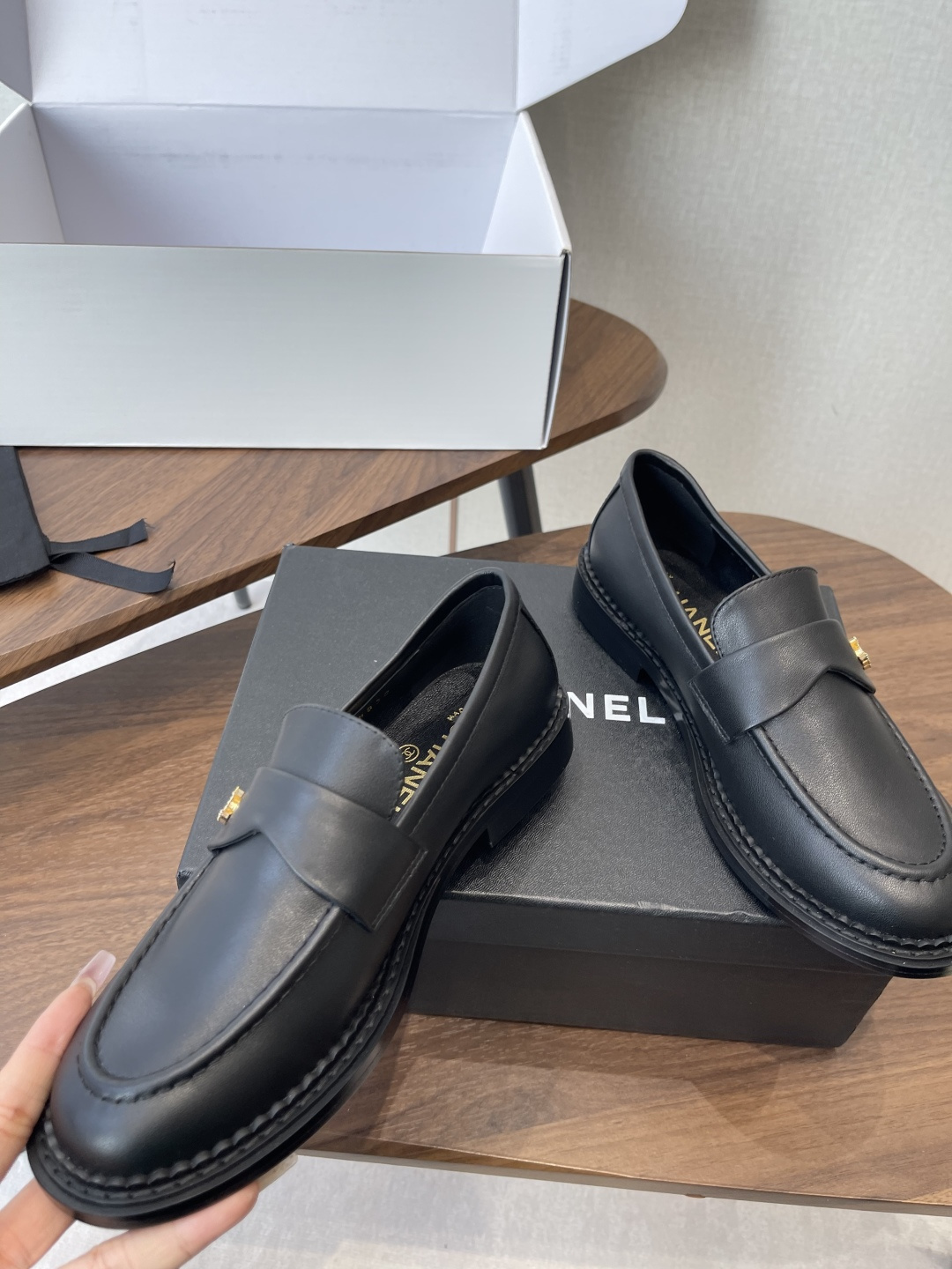 Luxury Black Leather Loafers with Gold CC Logo Hardware