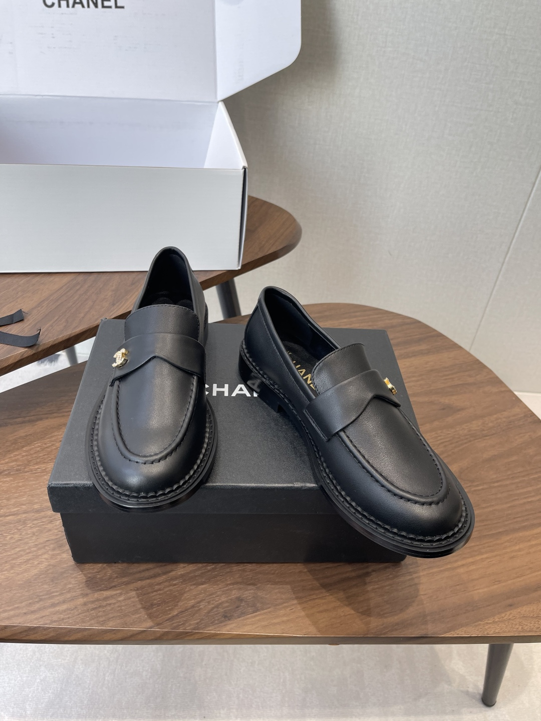 Luxury Black Leather Loafers with Gold CC Logo Hardware