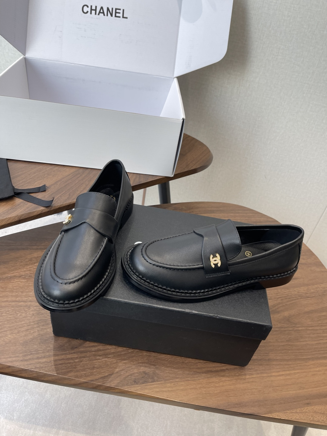 Luxury Black Leather Loafers with Gold CC Logo Hardware