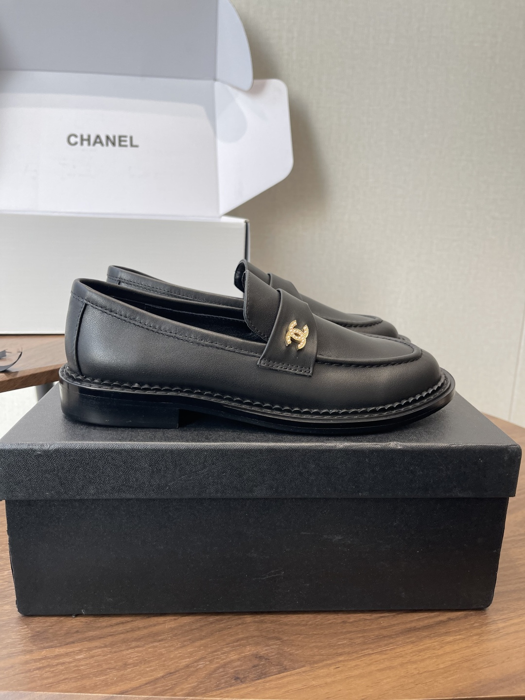 Luxury Black Leather Loafers with Gold CC Logo Hardware