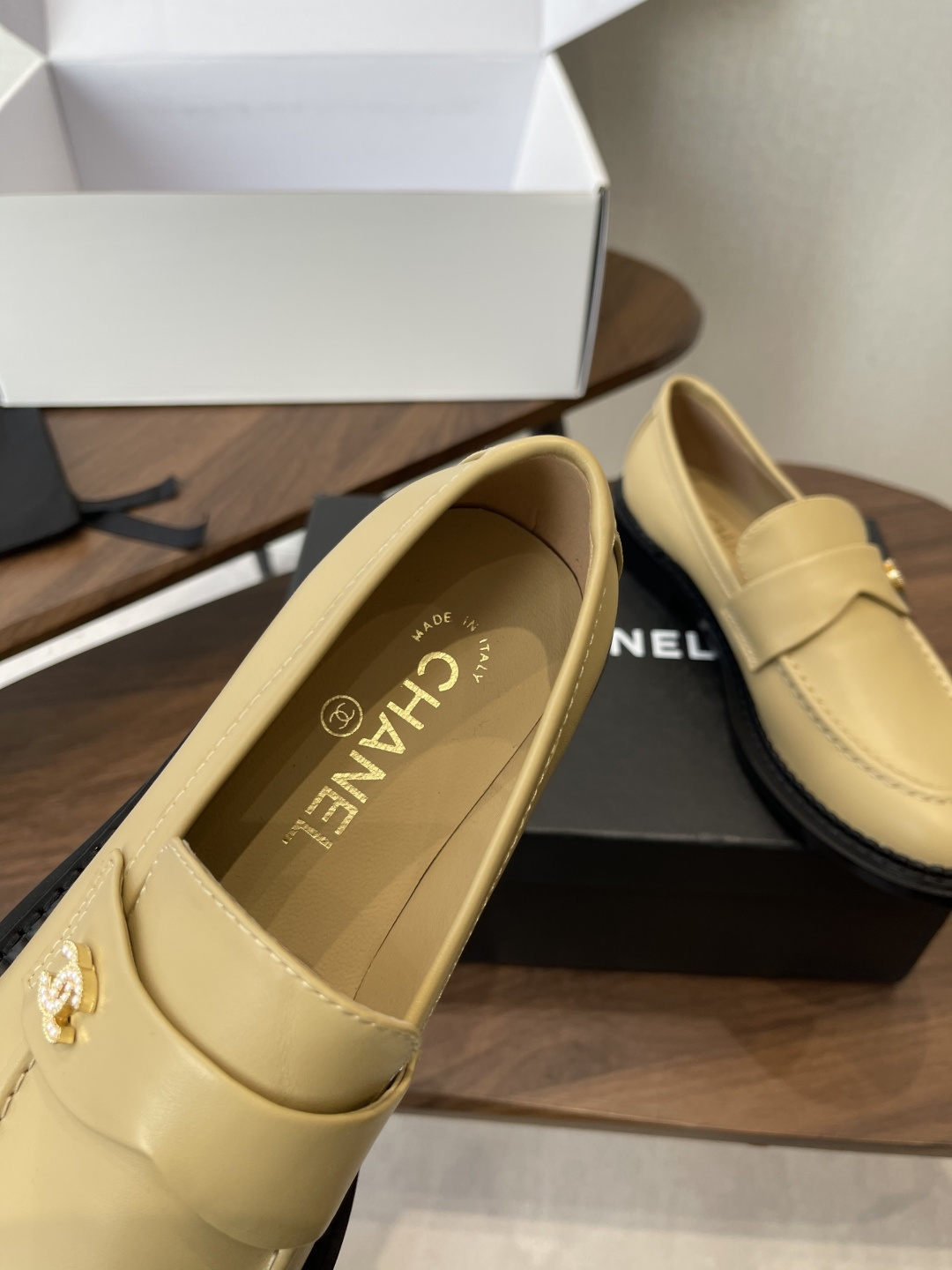 Chanel Beige Leather Loafers with Gold CC Logo and Chunky Black Sole