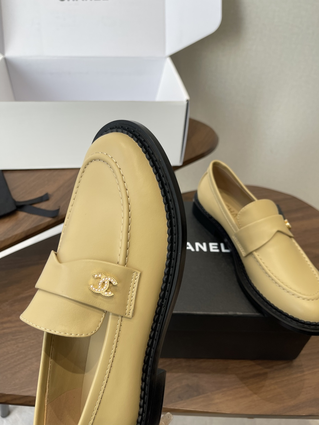 Chanel Beige Leather Loafers with Gold CC Logo and Chunky Black Sole