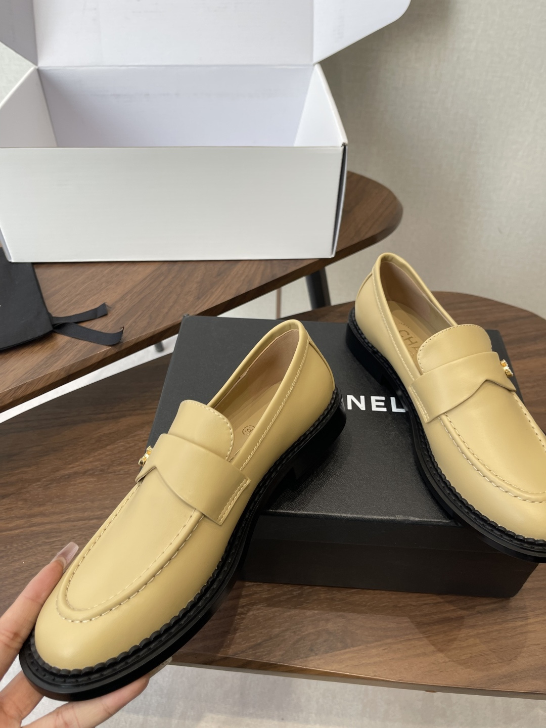 Chanel Beige Leather Loafers with Gold CC Logo and Chunky Black Sole