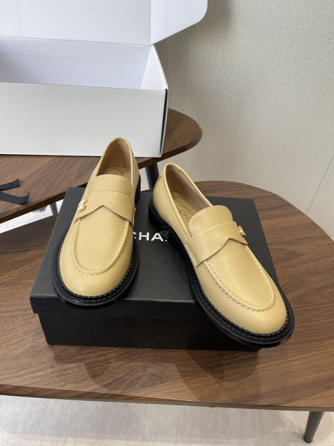 Chanel Beige Leather Loafers with Gold CC Logo and Chunky Black Sole