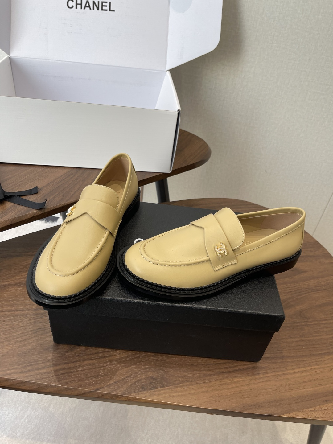 Chanel Beige Leather Loafers with Gold CC Logo and Chunky Black Sole