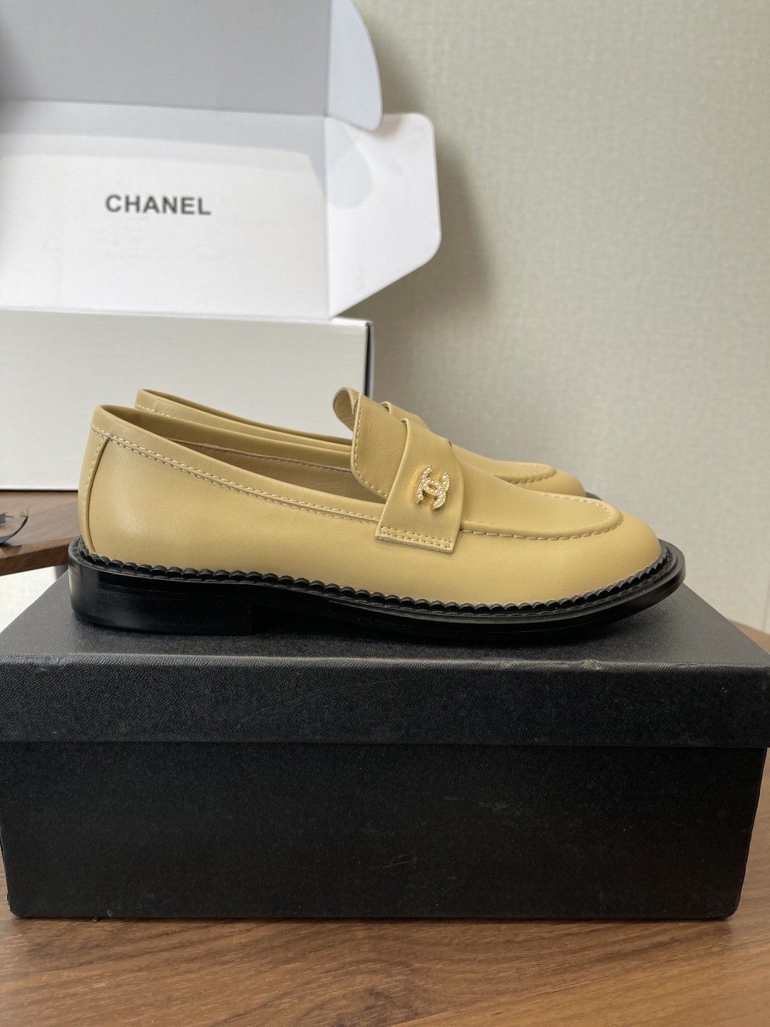 Chanel Beige Leather Loafers with Gold CC Logo and Chunky Black Sole