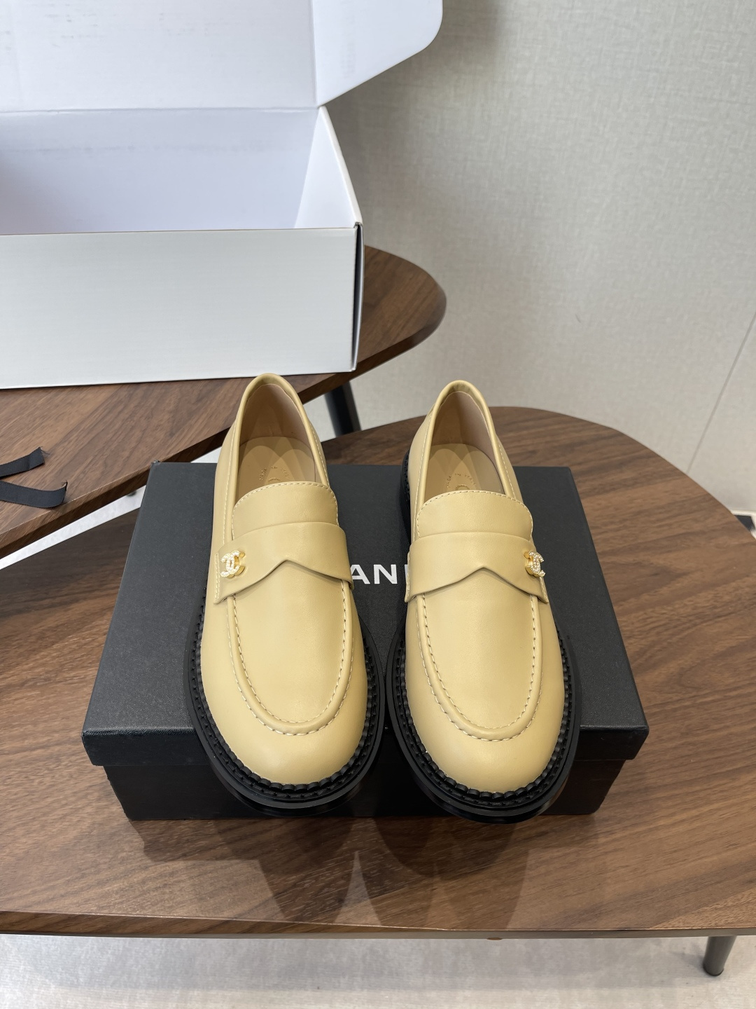Chanel Beige Leather Loafers with Gold CC Logo and Chunky Black Sole