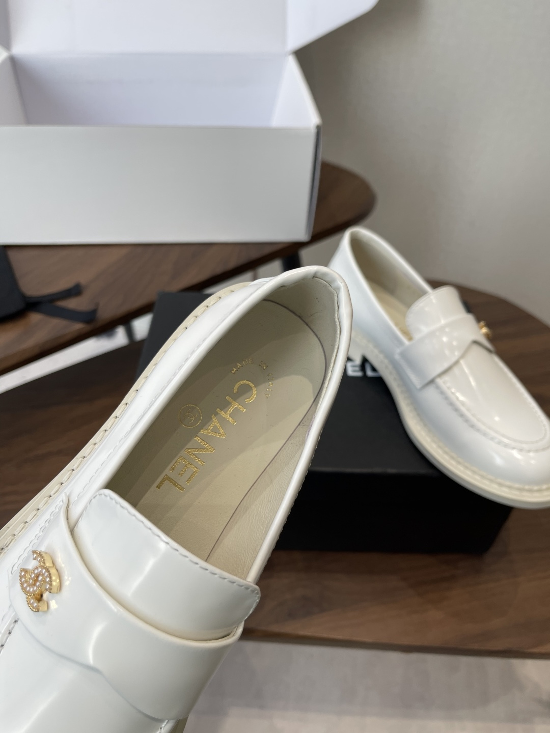 Luxury White Patent Leather Loafers with Gold Logo Hardware