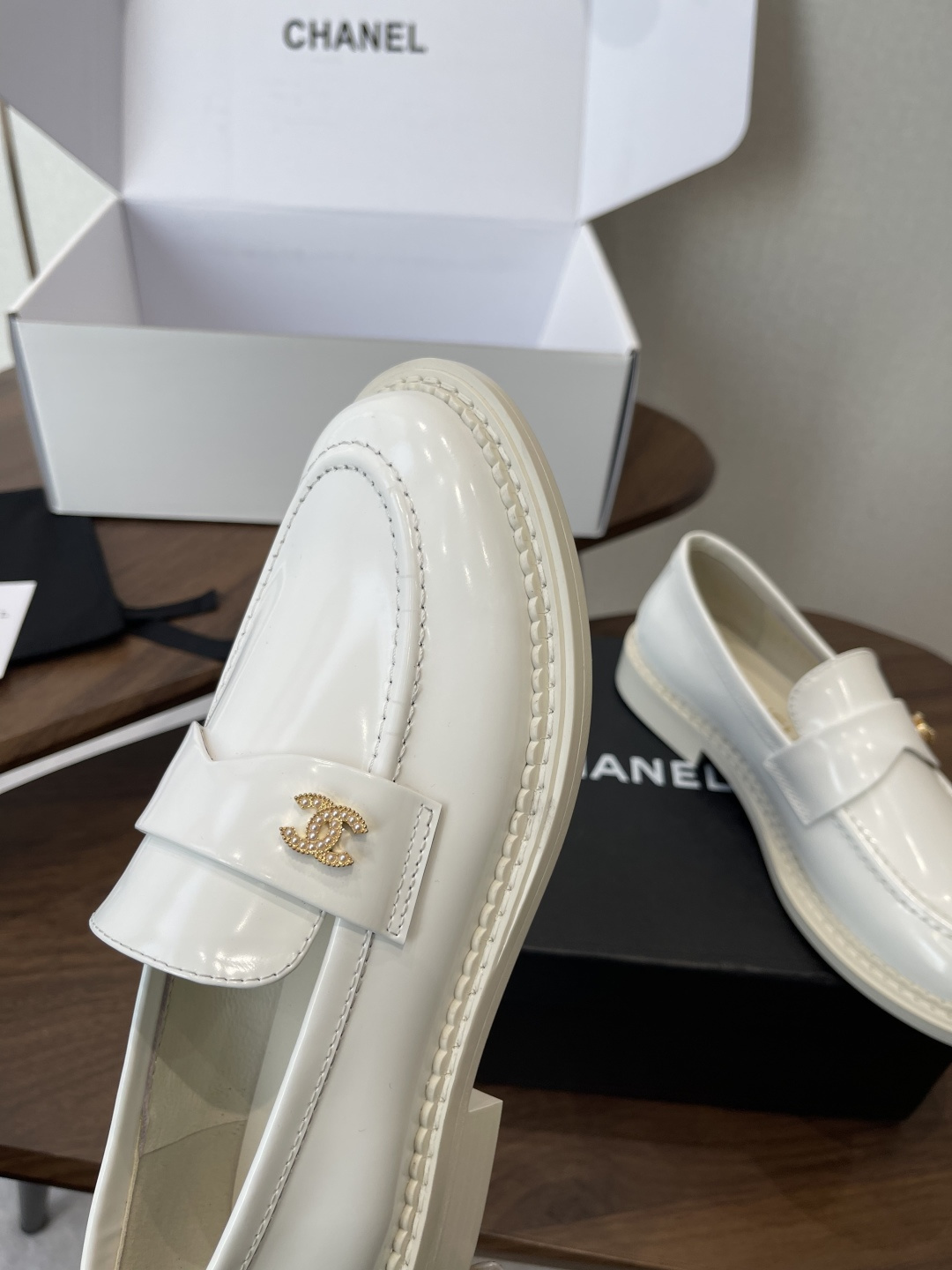 Luxury White Patent Leather Loafers with Gold Logo Hardware