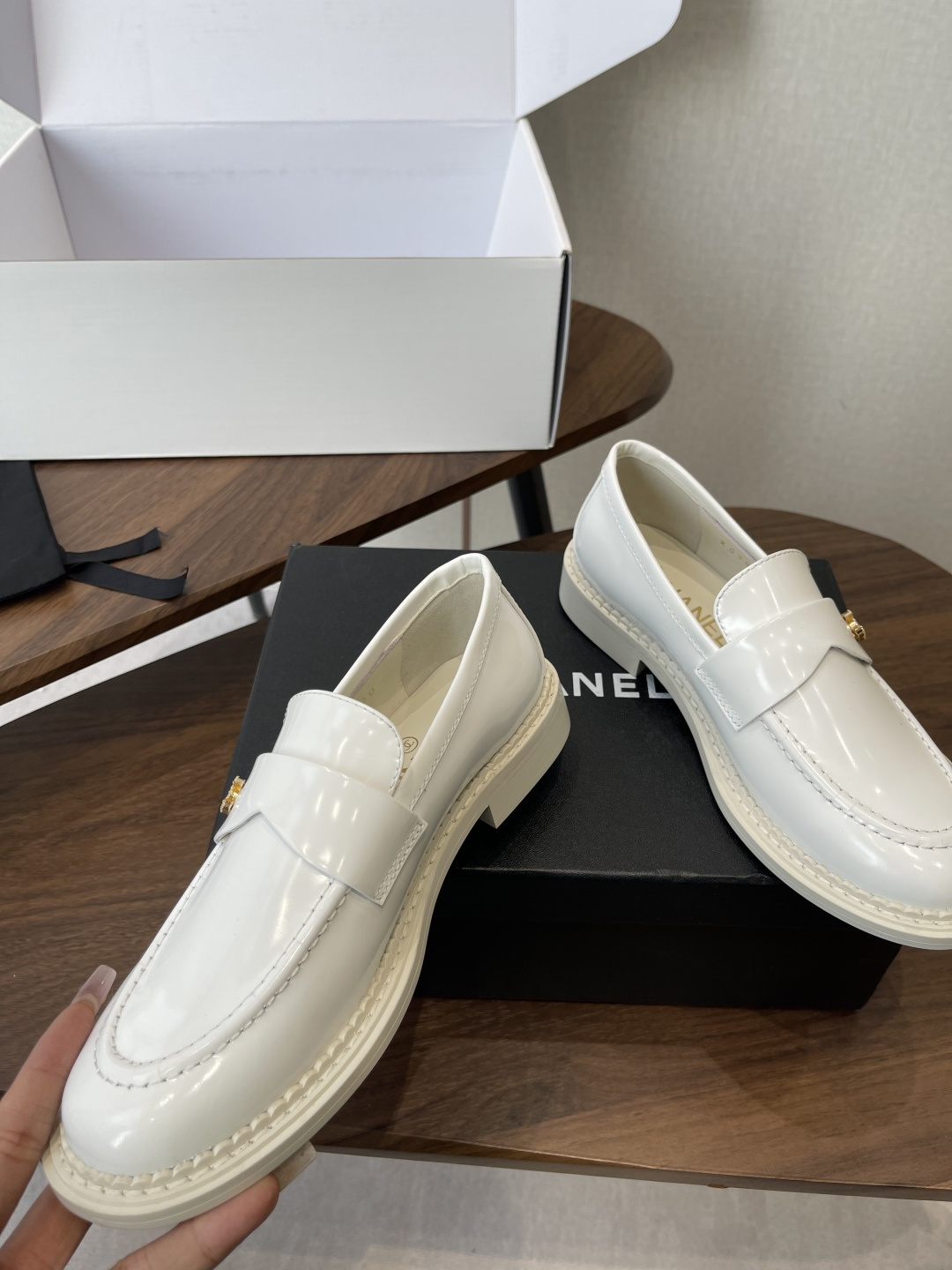 Luxury White Patent Leather Loafers with Gold Logo Hardware