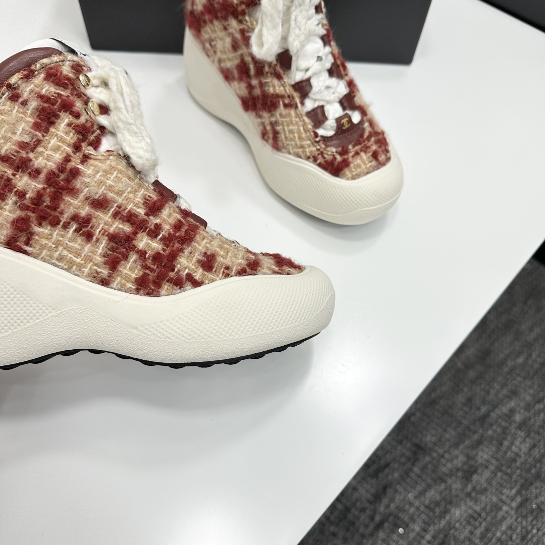 Luxury Red Tweed High-Top Sneakers with Platform Sole for Women