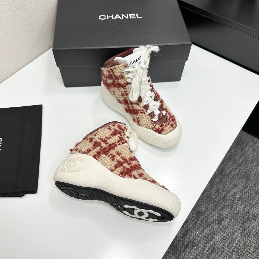 Luxury Red Tweed High-Top Sneakers with Platform Sole for Women