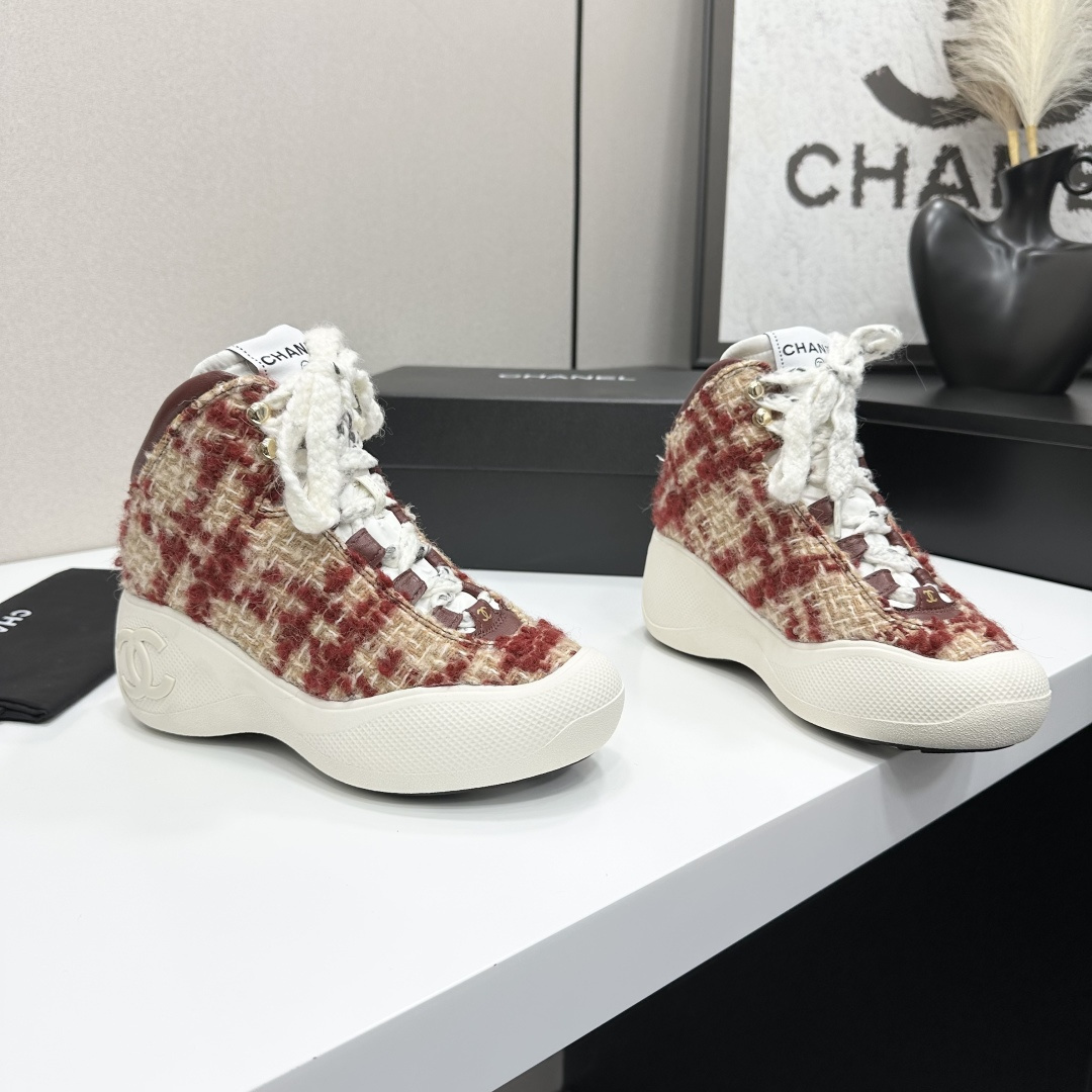 Luxury Red Tweed High-Top Sneakers with Platform Sole for Women