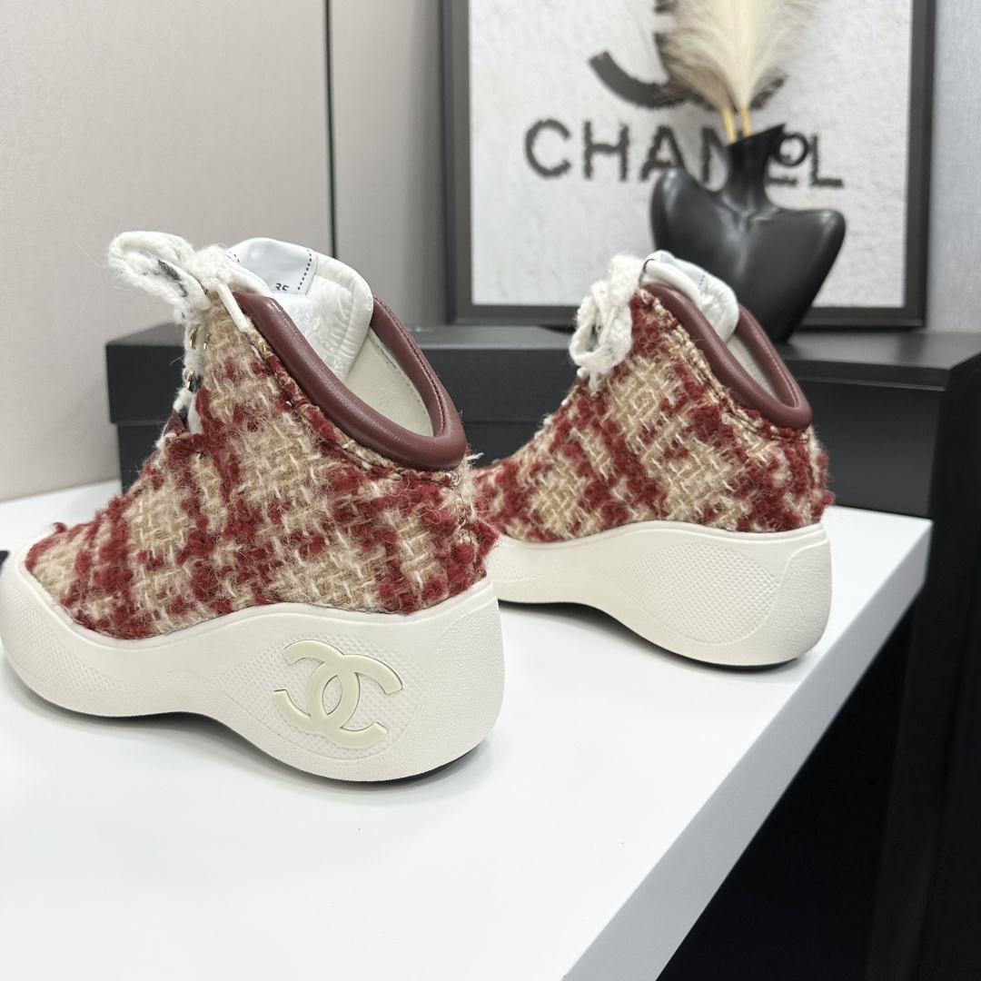Luxury Red Tweed High-Top Sneakers with Platform Sole for Women