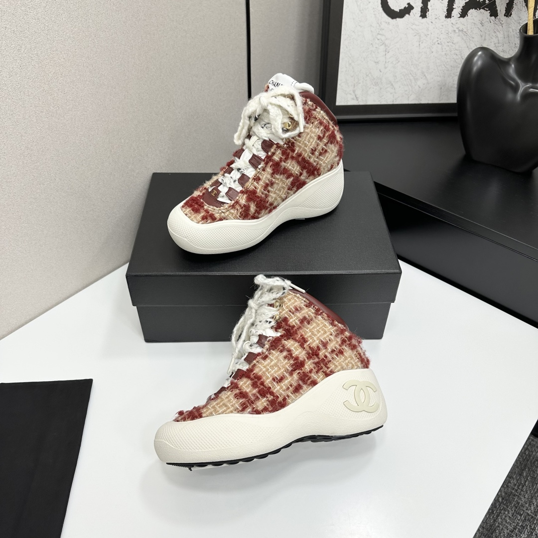 Luxury Red Tweed High-Top Sneakers with Platform Sole for Women