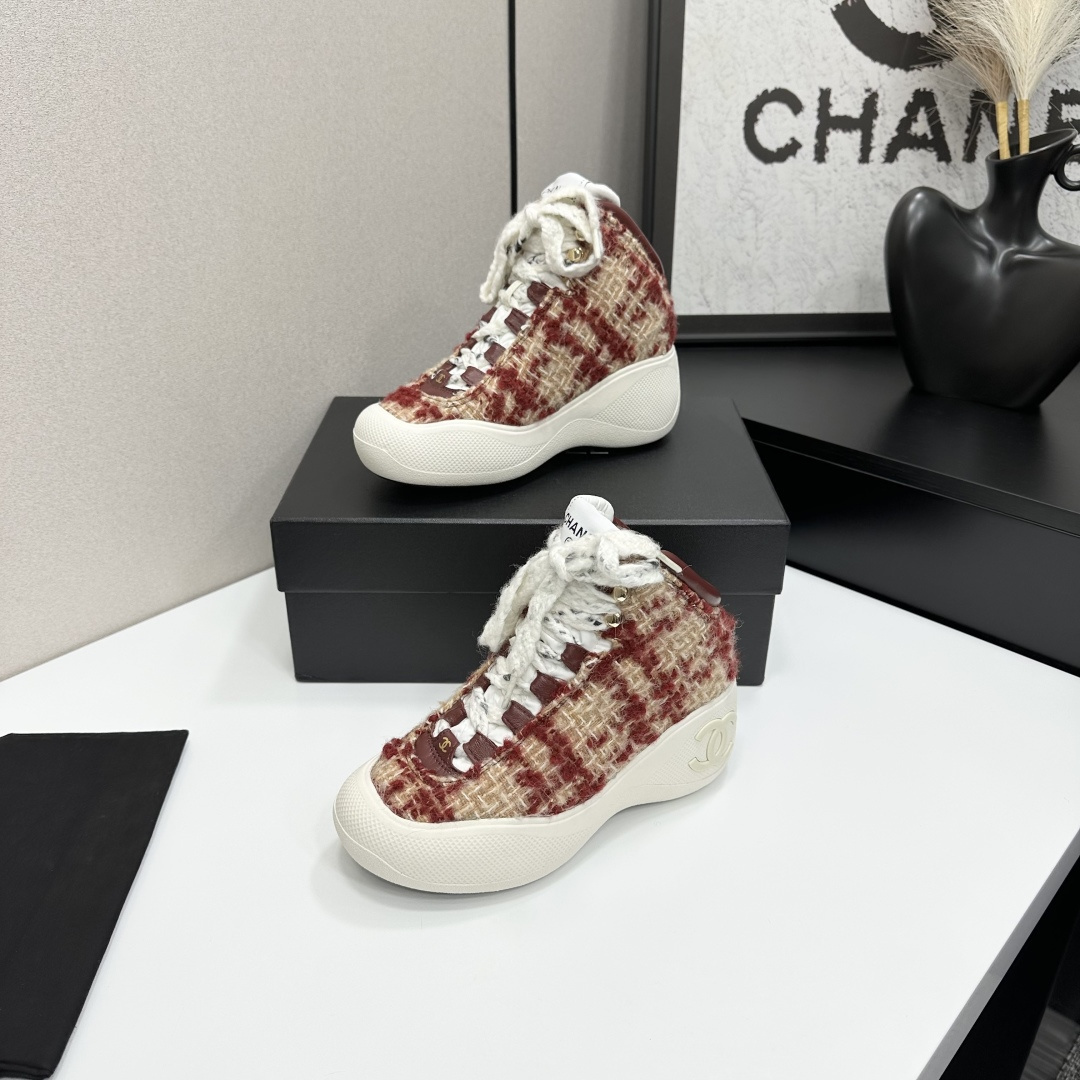 Luxury Red Tweed High-Top Sneakers with Platform Sole for Women