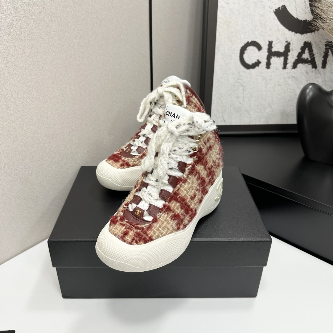 Luxury Red Tweed High-Top Sneakers with Platform Sole for Women