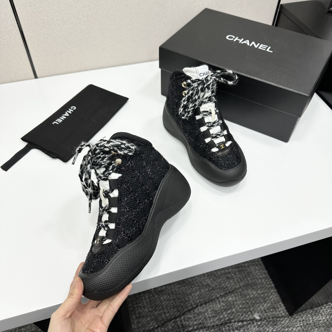Chanel Black Tweed High-Top Sneakers with White CC Logo