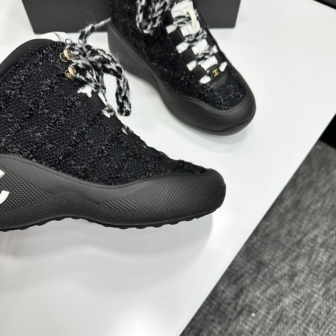 Chanel Black Tweed High-Top Sneakers with White CC Logo
