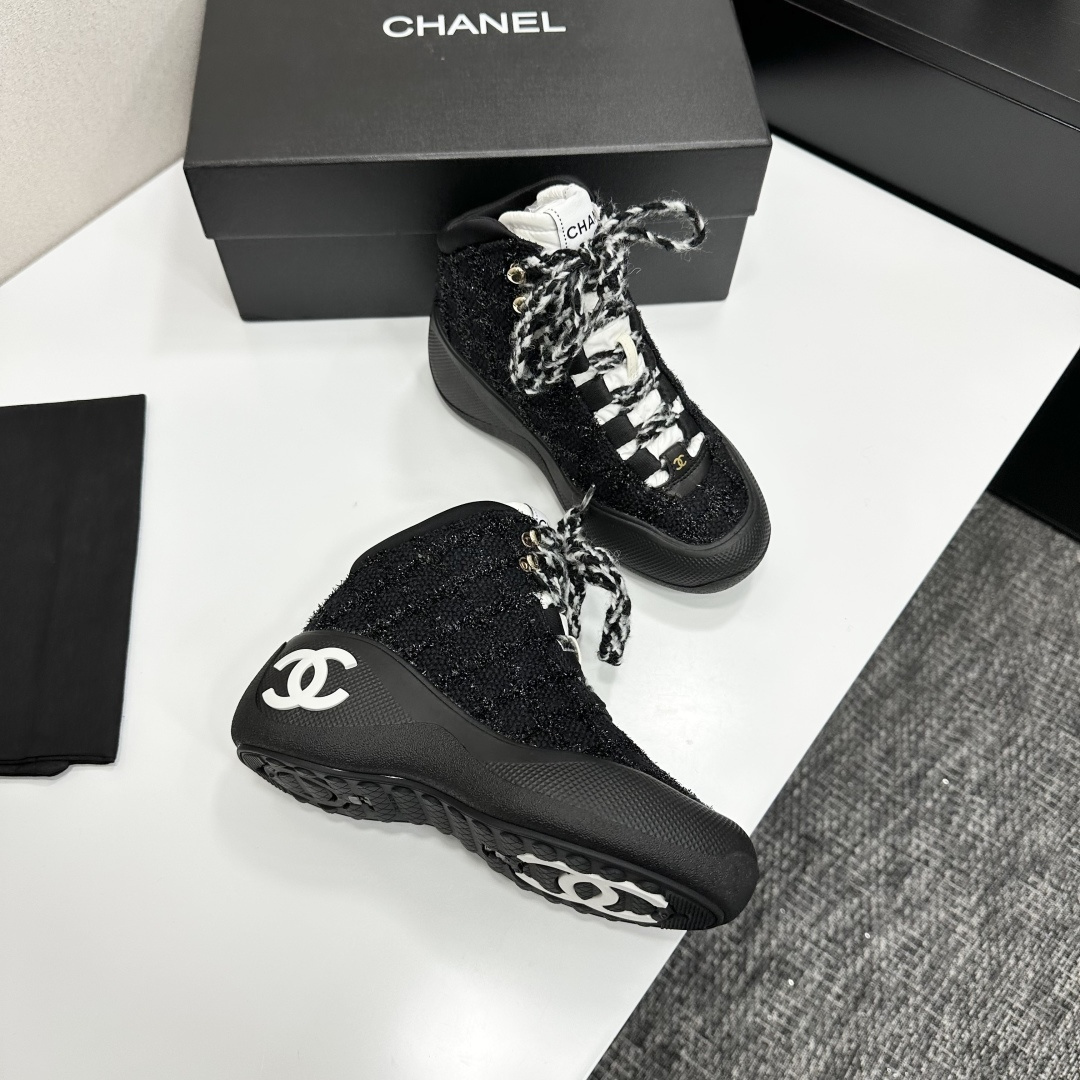Chanel Black Tweed High-Top Sneakers with White CC Logo
