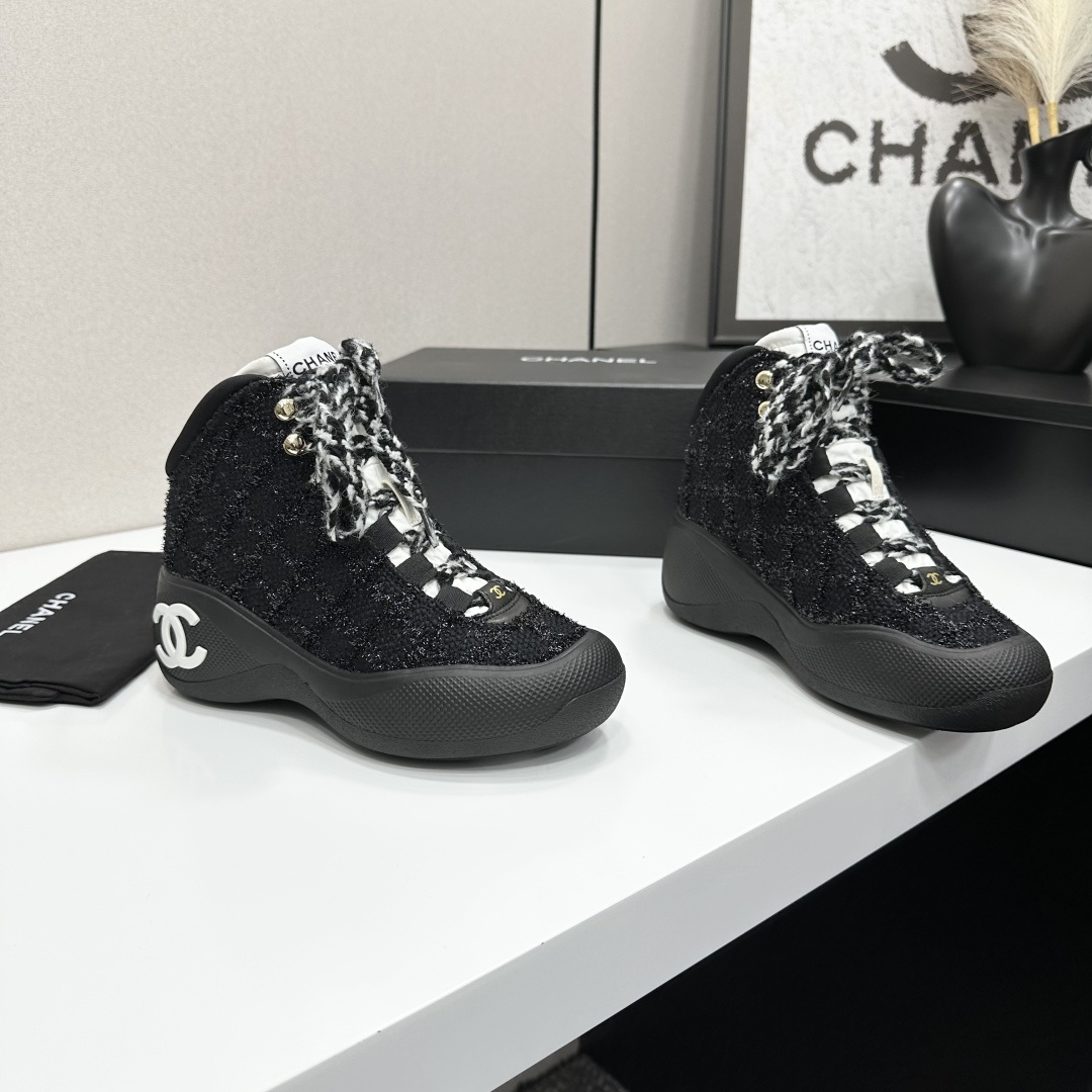 Chanel Black Tweed High-Top Sneakers with White CC Logo