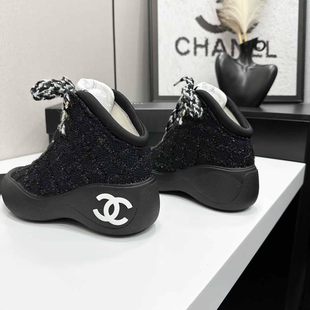 Chanel Black Tweed High-Top Sneakers with White CC Logo