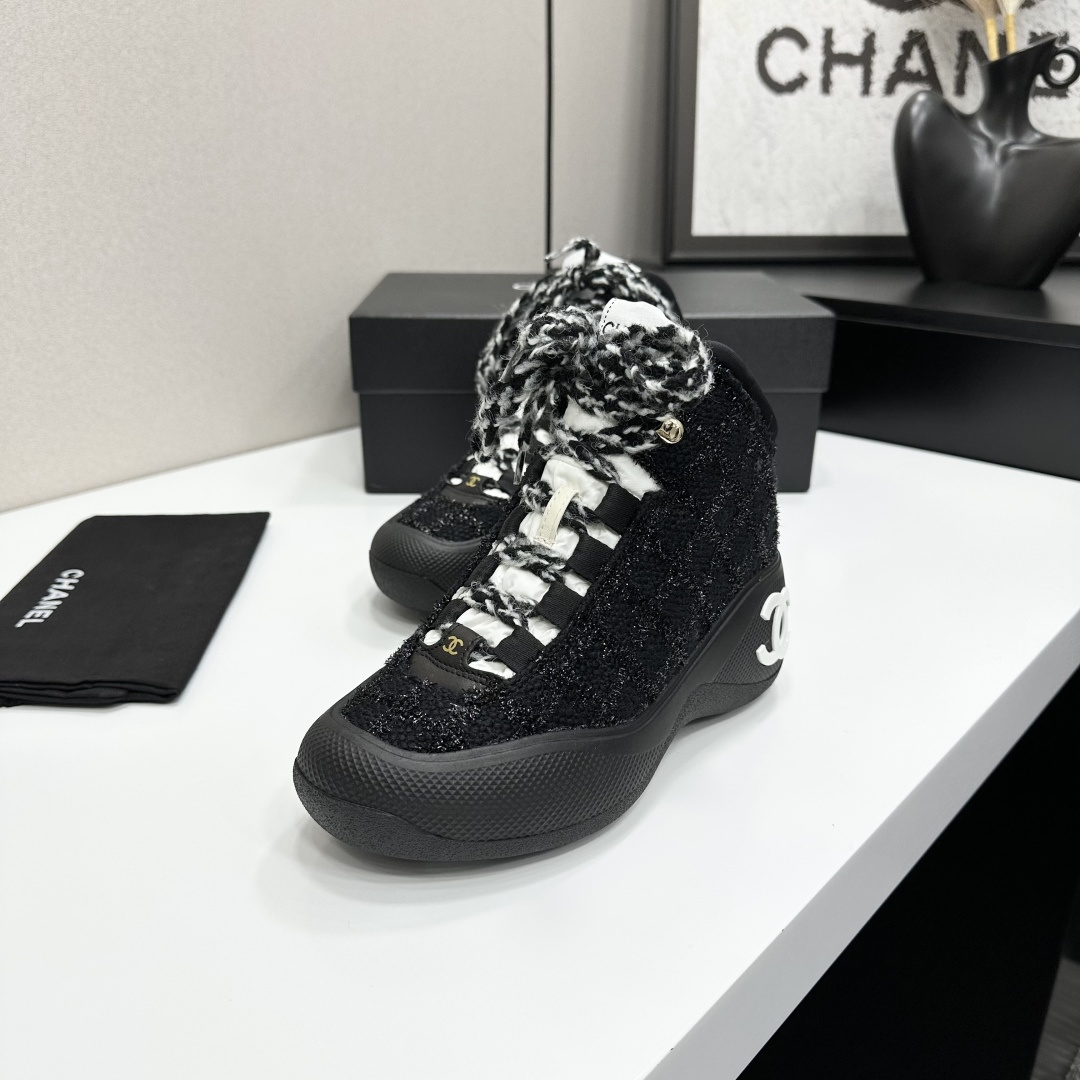 Chanel Black Tweed High-Top Sneakers with White CC Logo