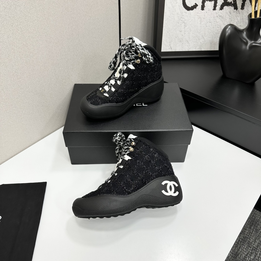 Chanel Black Tweed High-Top Sneakers with White CC Logo