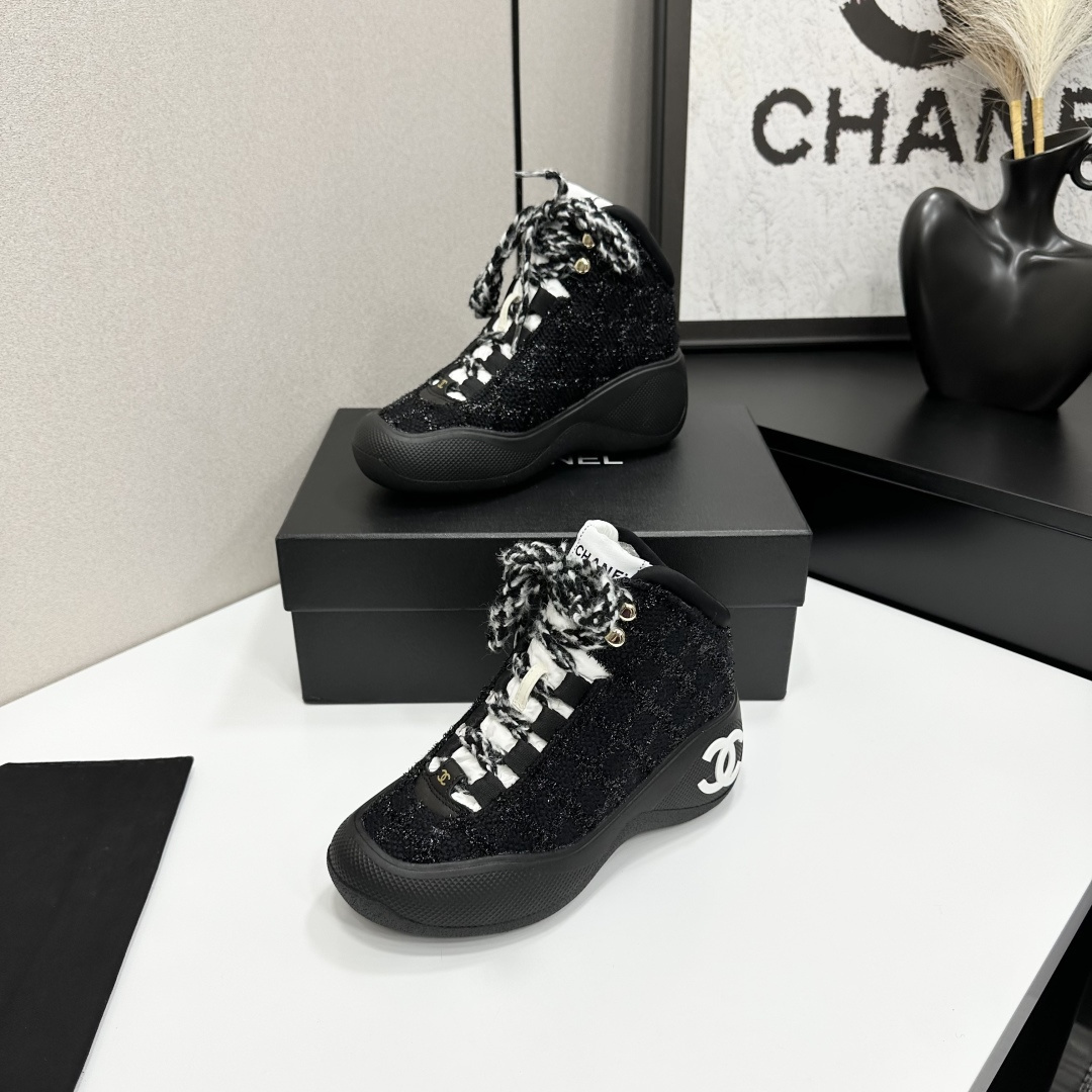 Chanel Black Tweed High-Top Sneakers with White CC Logo