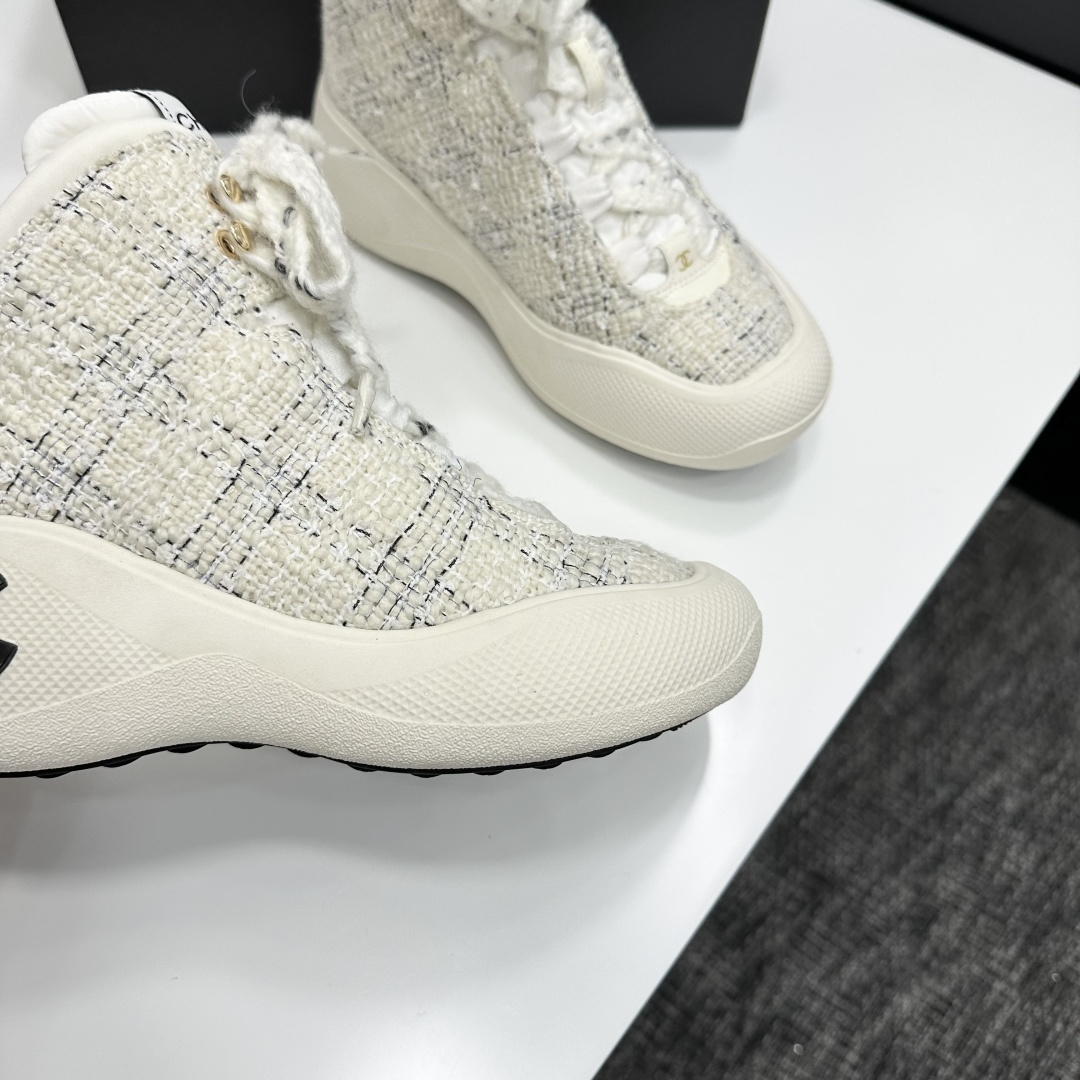 Chanel Luxury White Tweed High-Top Sneakers with Black CC Logo
