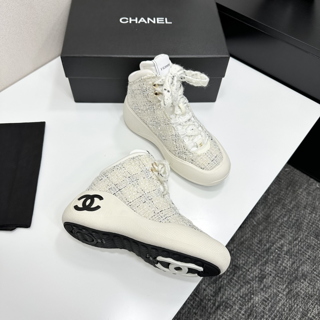 Chanel Luxury White Tweed High-Top Sneakers with Black CC Logo