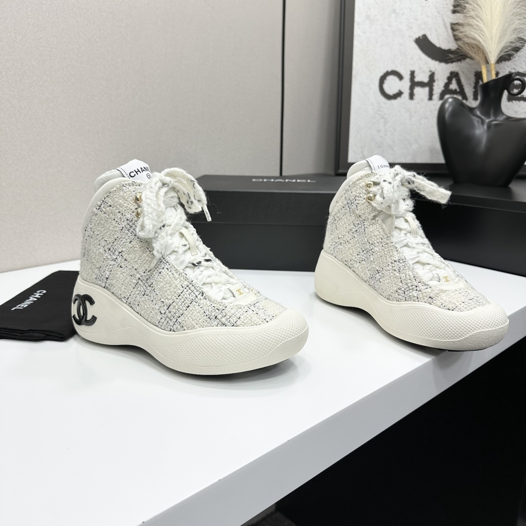 Chanel Luxury White Tweed High-Top Sneakers with Black CC Logo