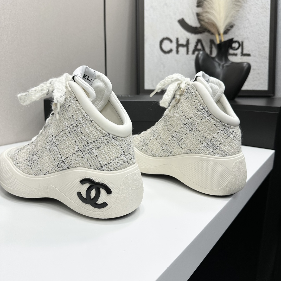 Chanel Luxury White Tweed High-Top Sneakers with Black CC Logo