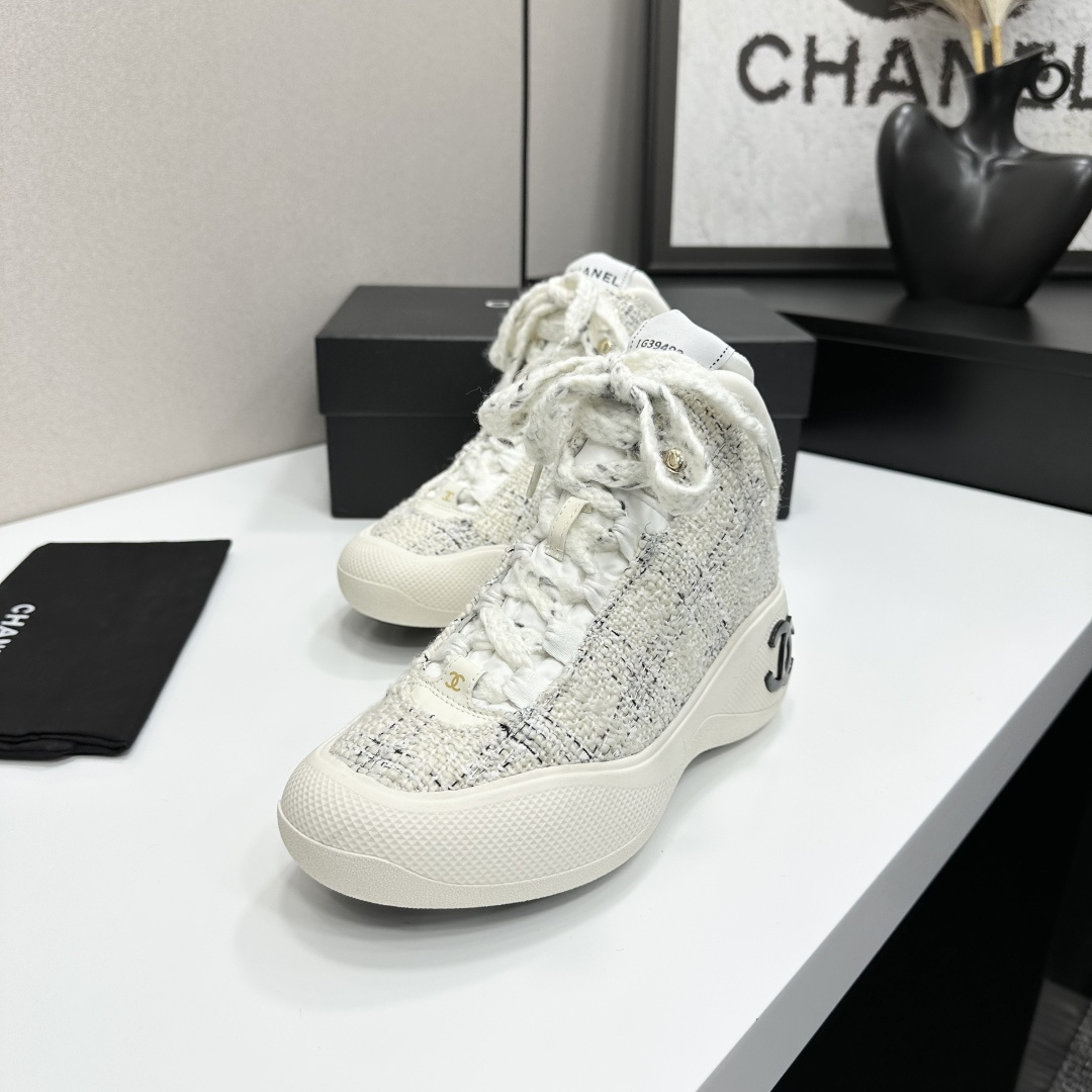 Chanel Luxury White Tweed High-Top Sneakers with Black CC Logo