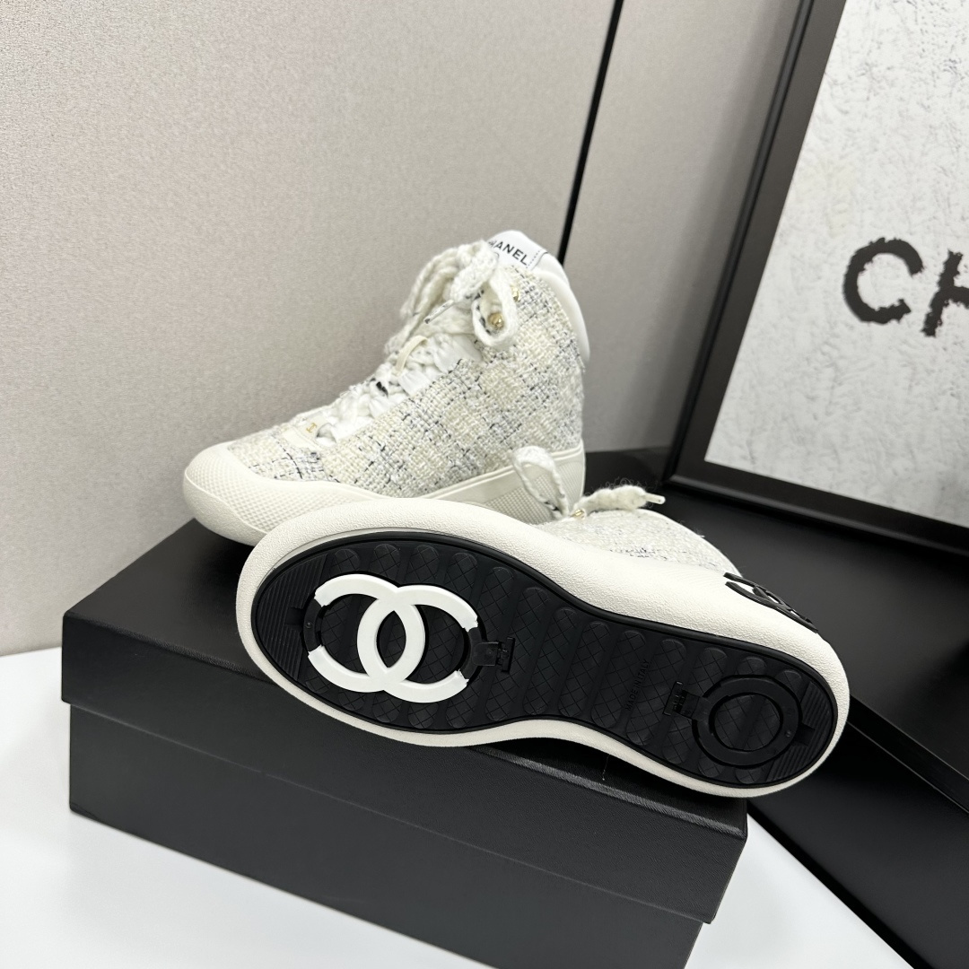 Chanel Luxury White Tweed High-Top Sneakers with Black CC Logo