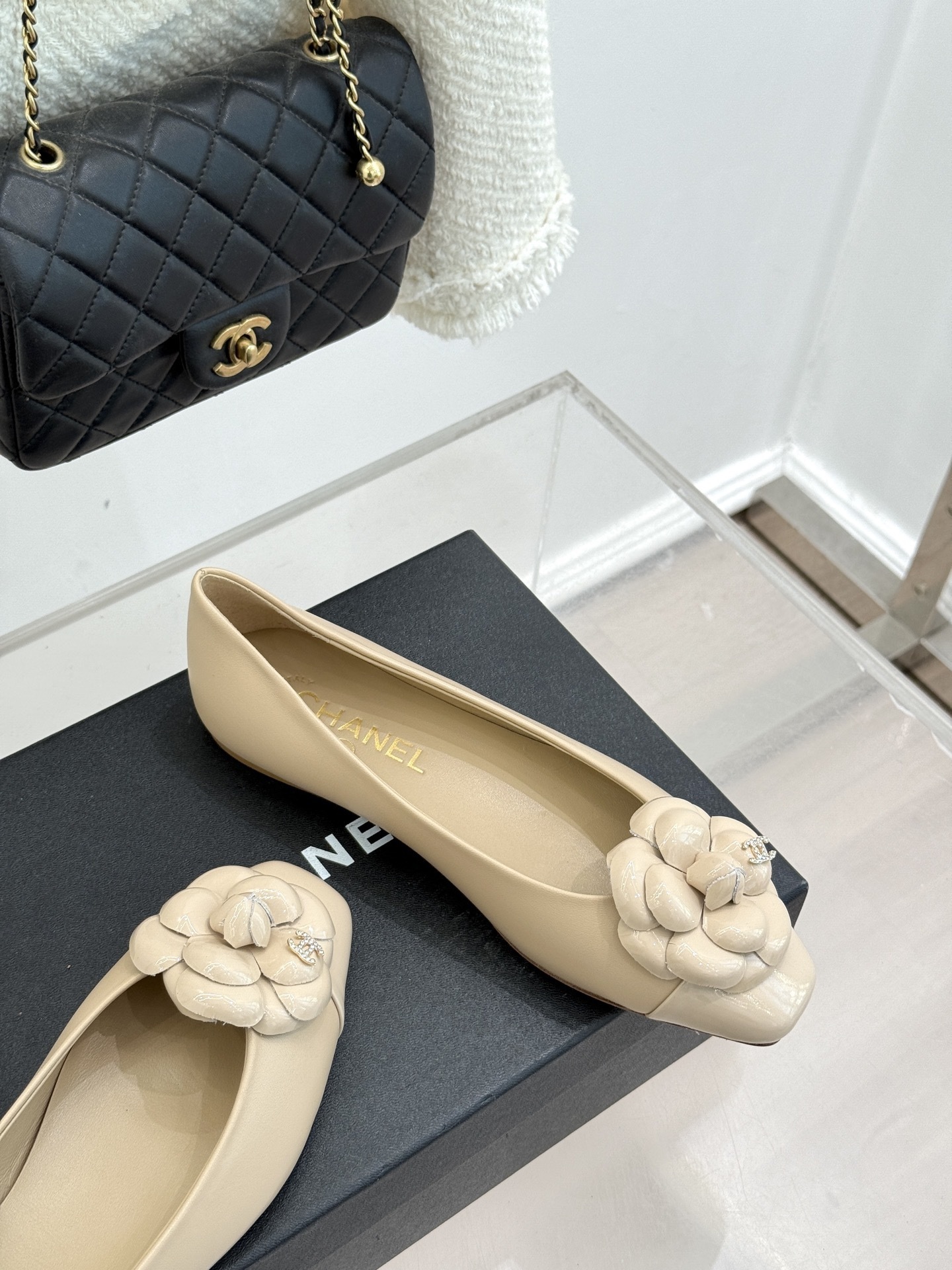 Chanel Camellia Beige Leather Ballet Flats - Elegant Square Toe