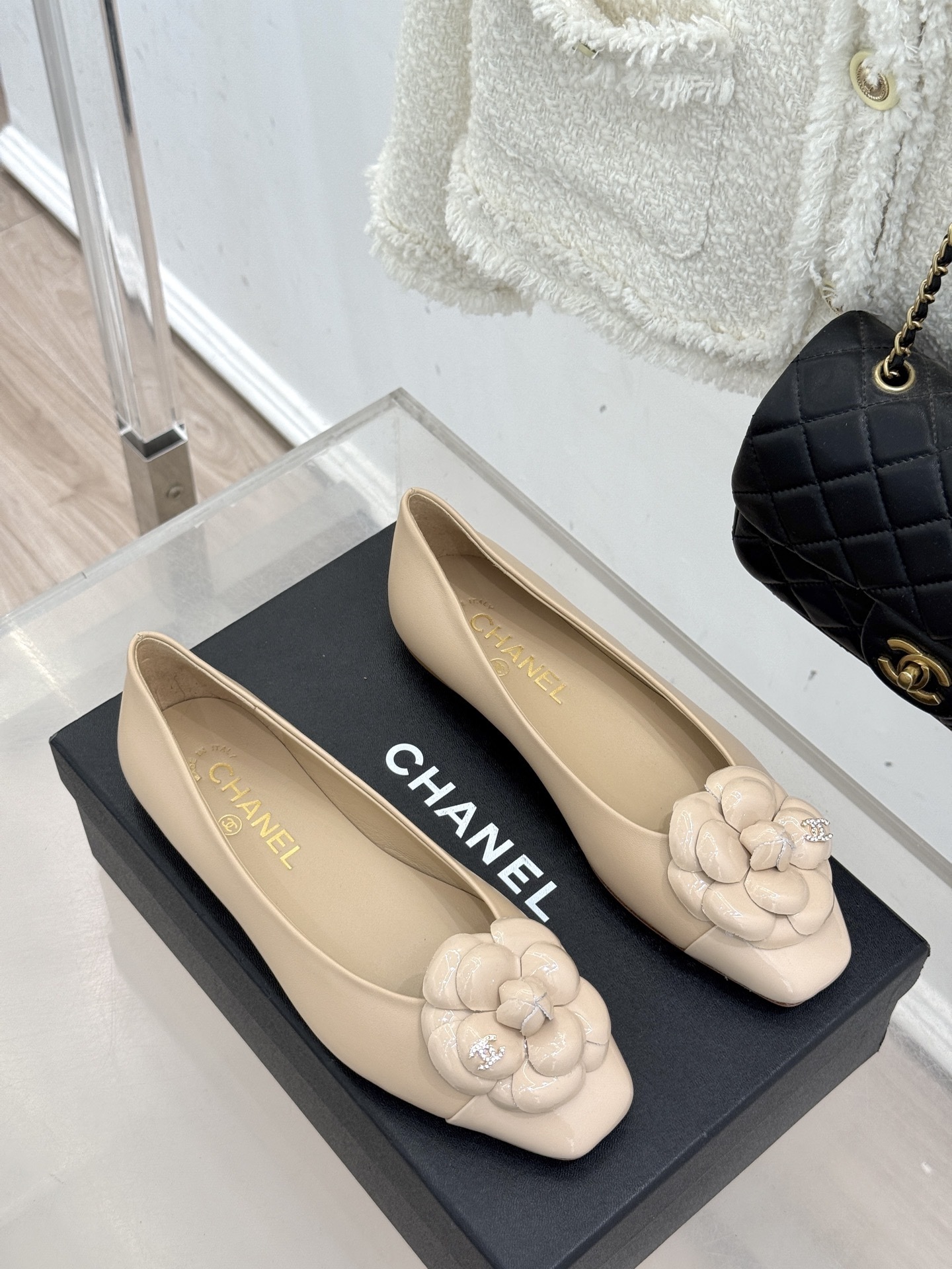 Chanel Camellia Beige Leather Ballet Flats - Elegant Square Toe