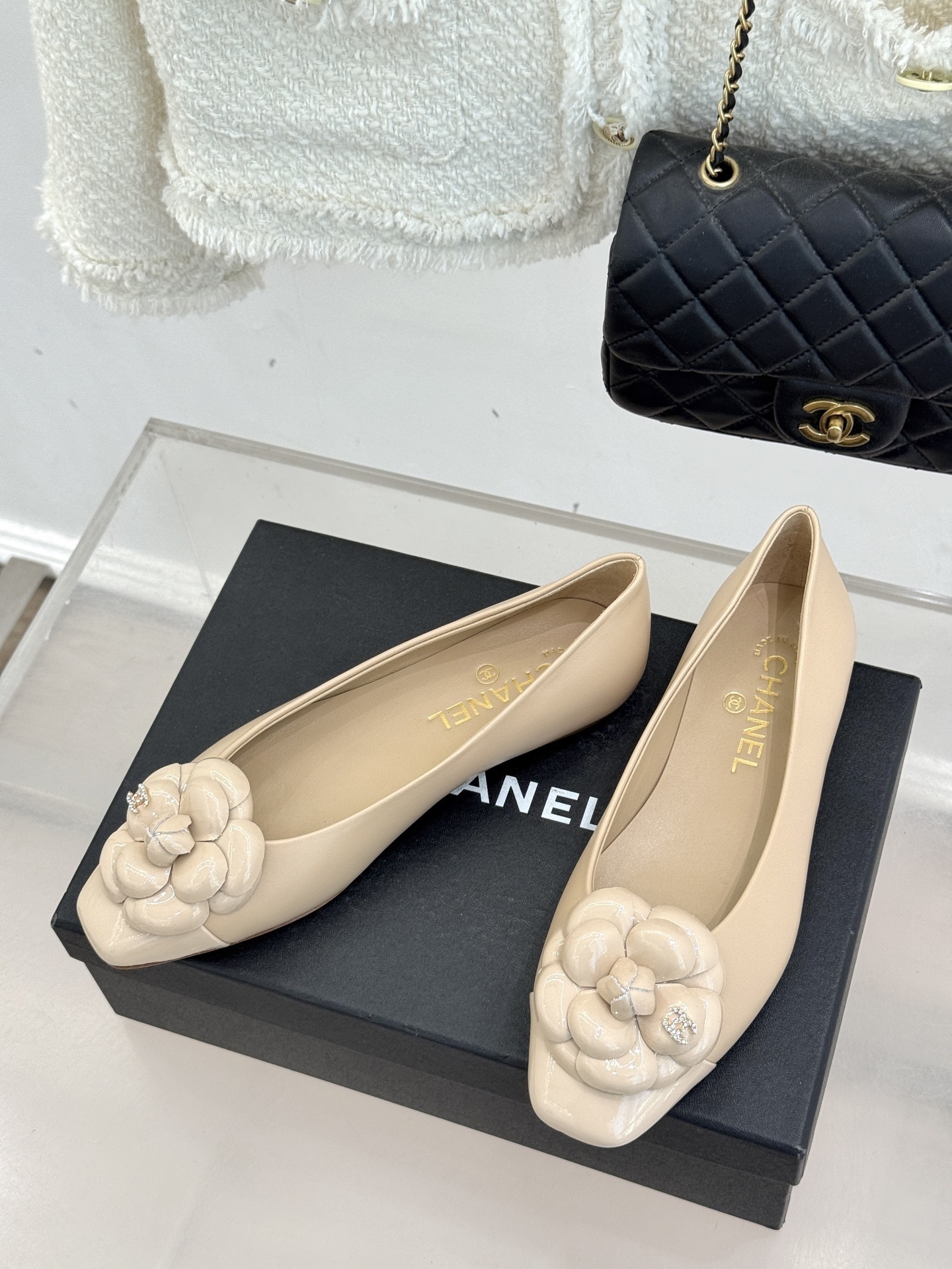 Chanel Camellia Beige Leather Ballet Flats - Elegant Square Toe