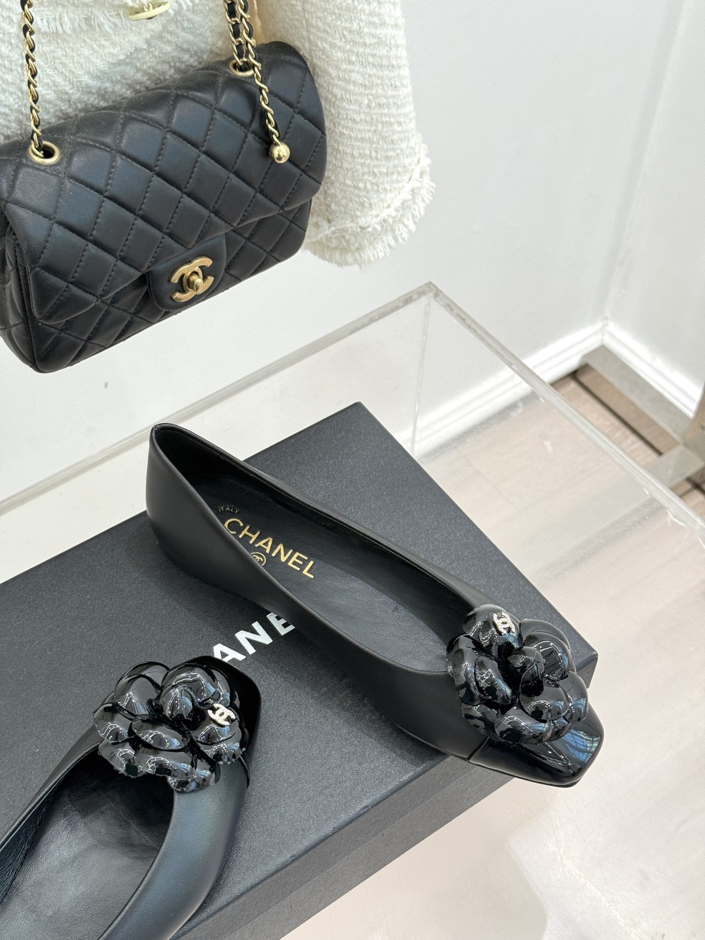 Chanel Black Lambskin Ballet Flats with Camellia Flower Detail