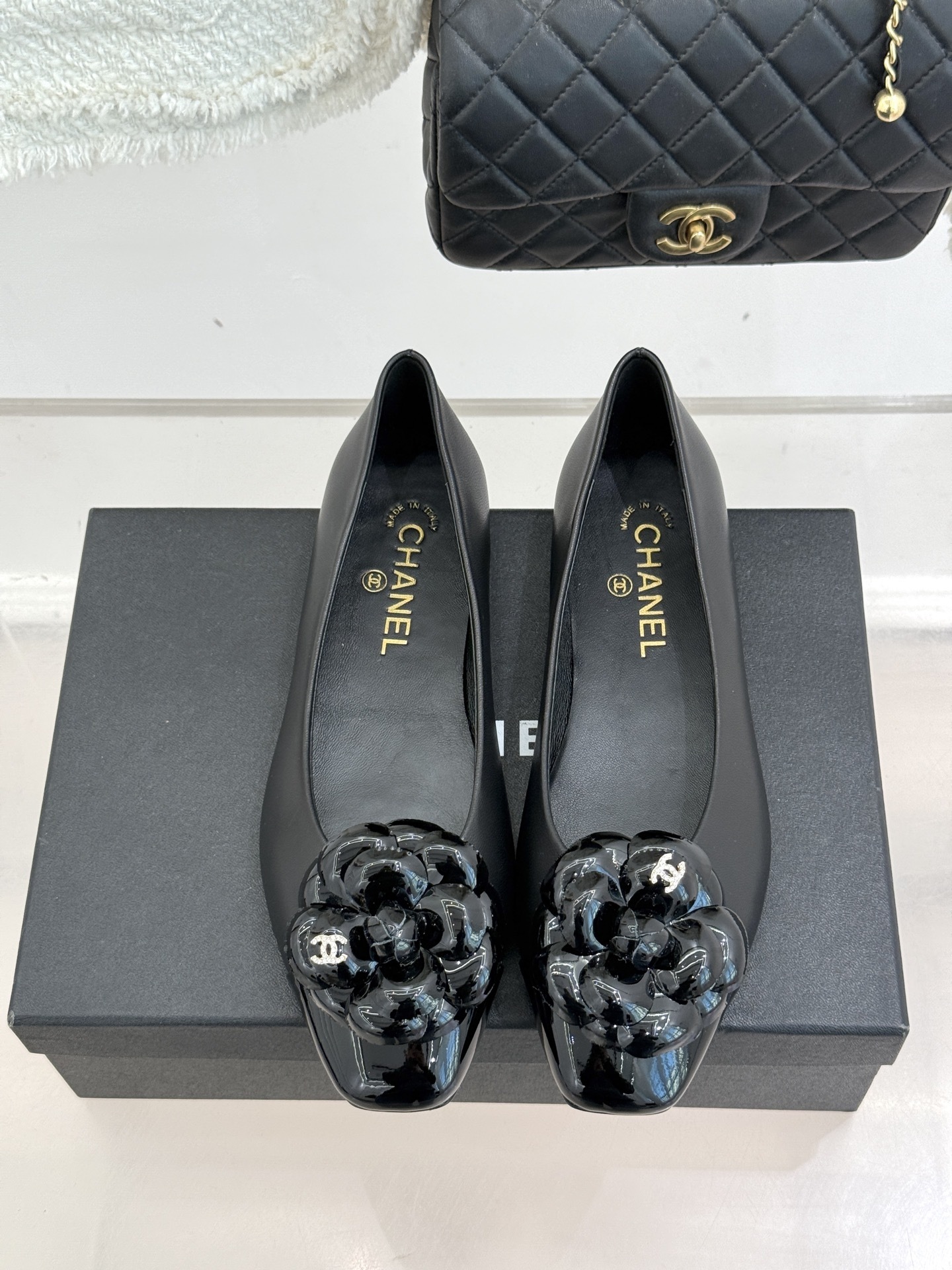 Chanel Black Lambskin Ballet Flats with Camellia Flower Detail